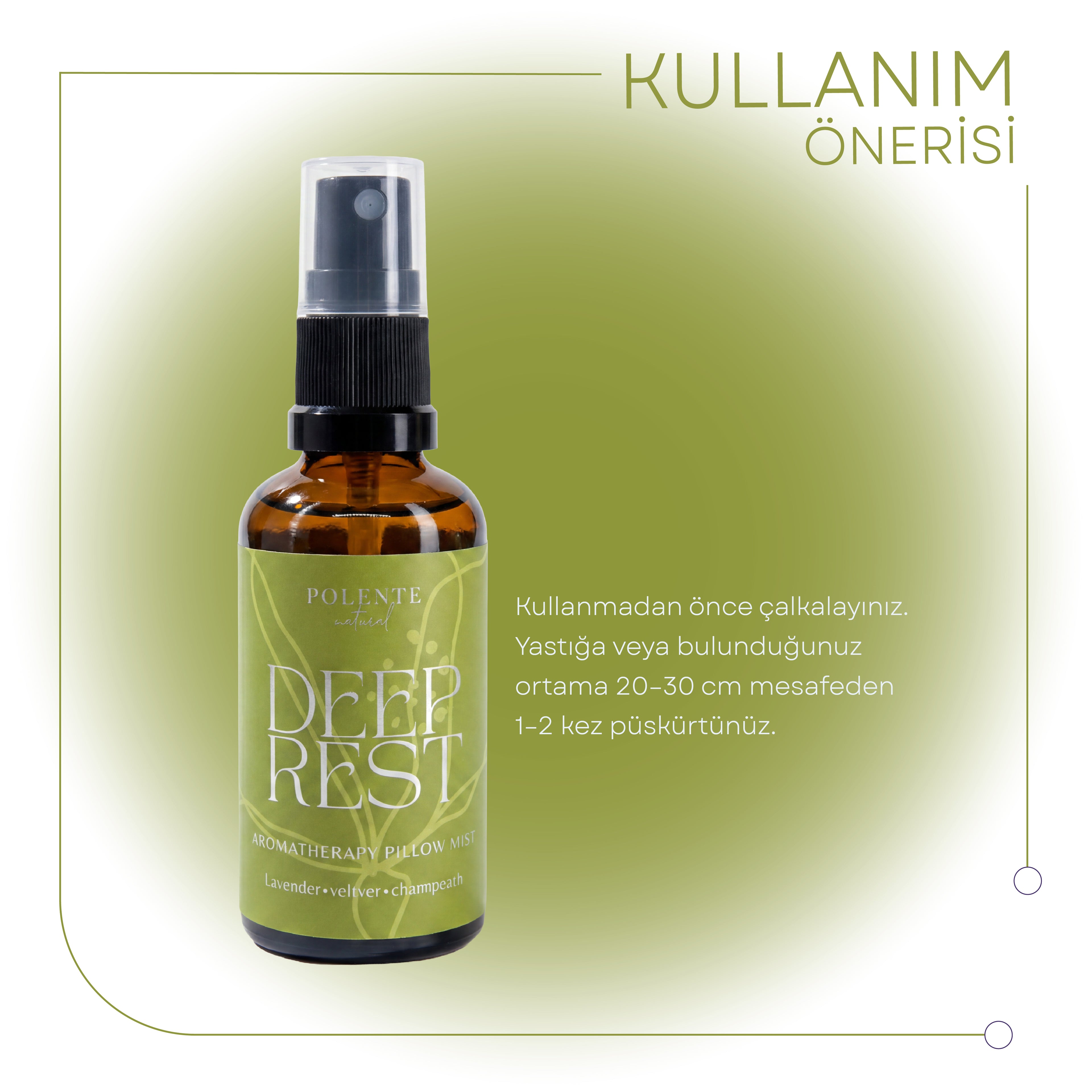Deep Rest sprey mekanizması ve kompozisyon — yastık ve ortam için doğal aromatik sprey
