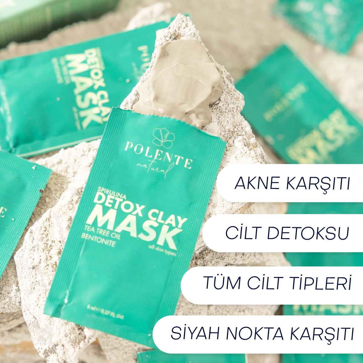 Spirulina Detoks Kil Maskesi kutu ambalajı — Polente Natural yüz maskesi serisi