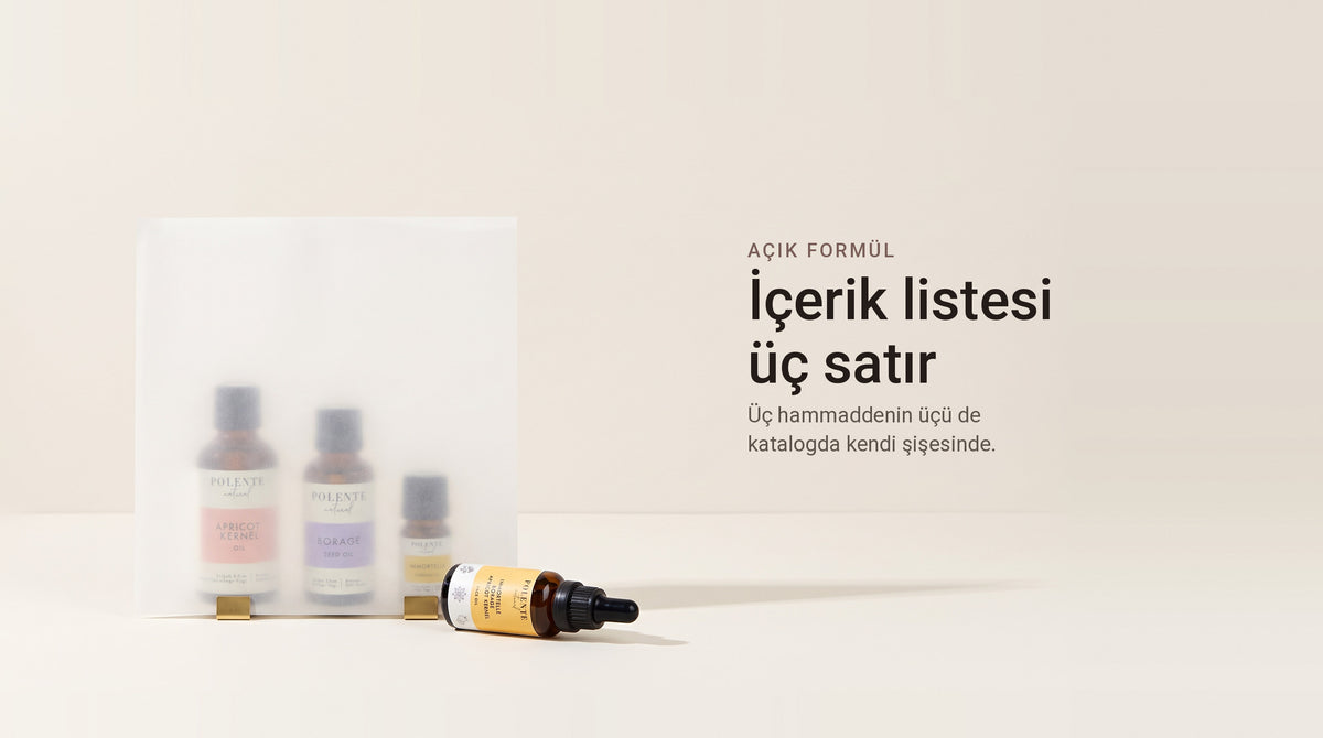 Ölmez Çiçek ve Hodan Kırışıklık Karşıtı Yüz Yağı ve formülündeki üç saf yağ: kayısı çekirdeği, hodan ve ölmez çiçek.