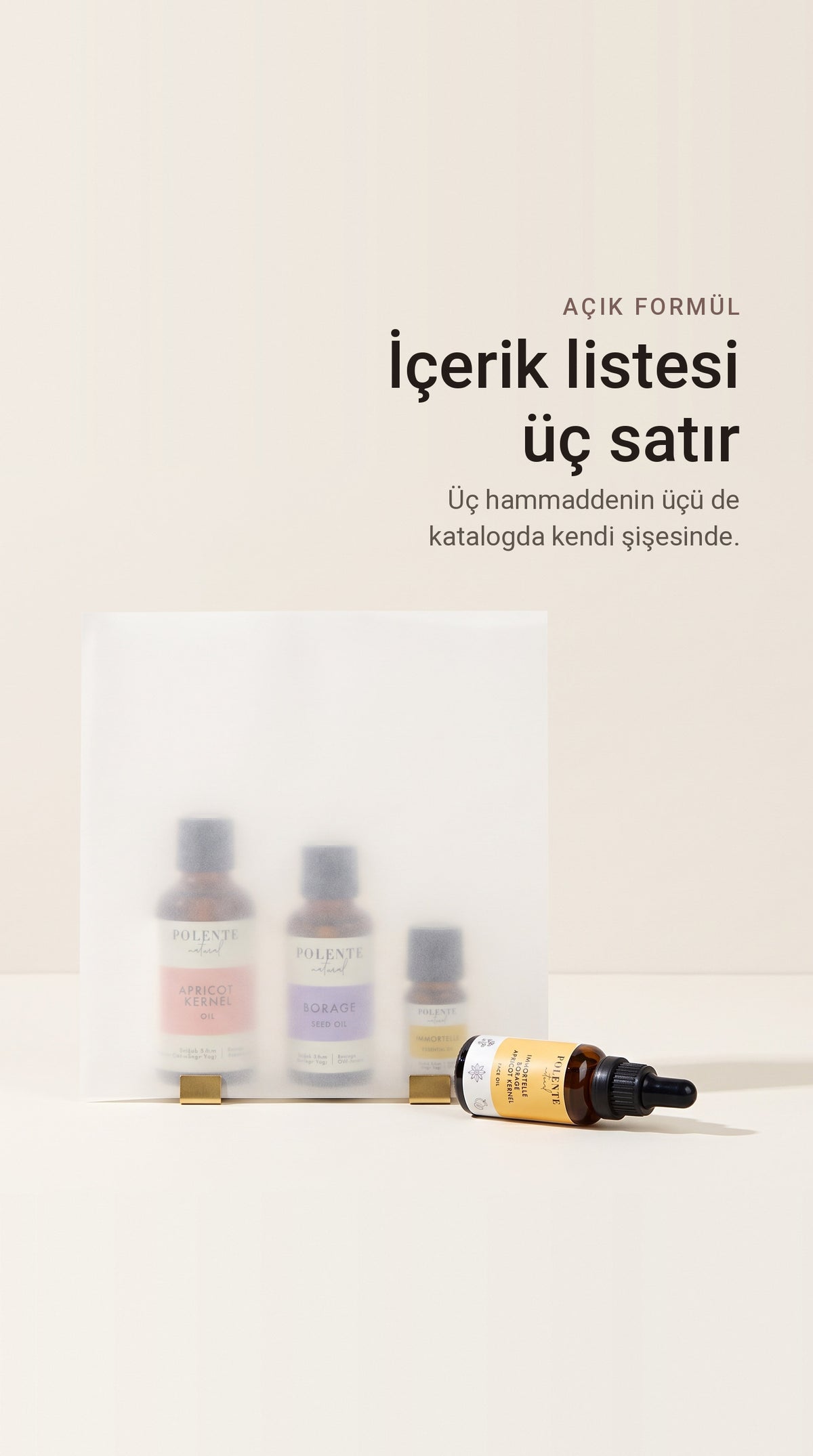 Ölmez Çiçek ve Hodan Kırışıklık Karşıtı Yüz Yağı ve formülündeki üç saf yağ: kayısı çekirdeği, hodan ve ölmez çiçek.