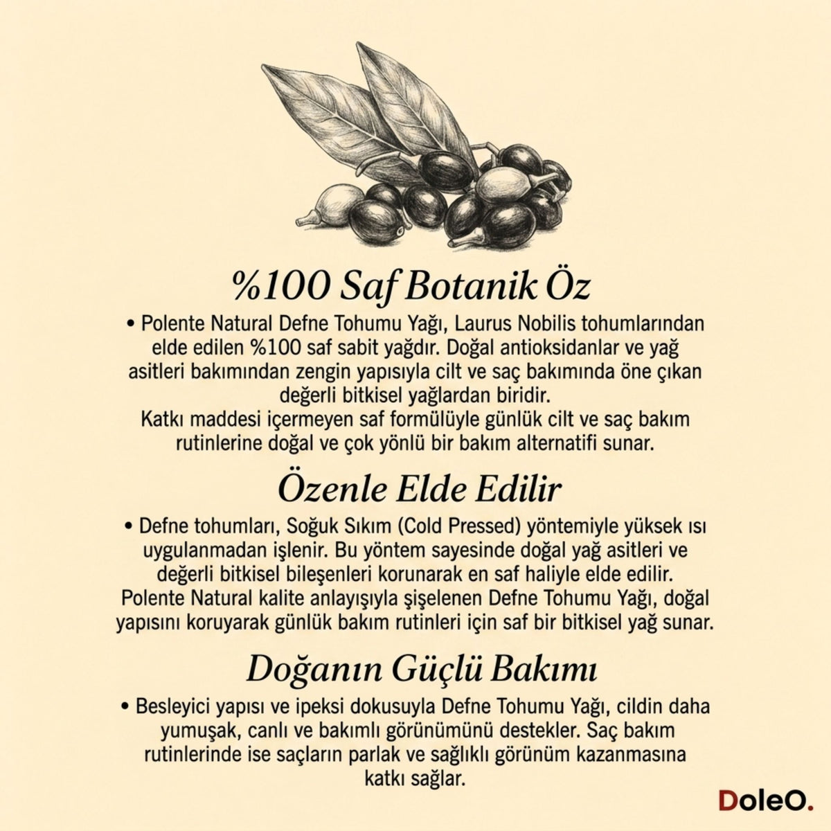 Defne Tohumu Yağı 50 ml damlalık ve şişe kompozisyonu — Antakya sabun ve saç bakımı geleneği