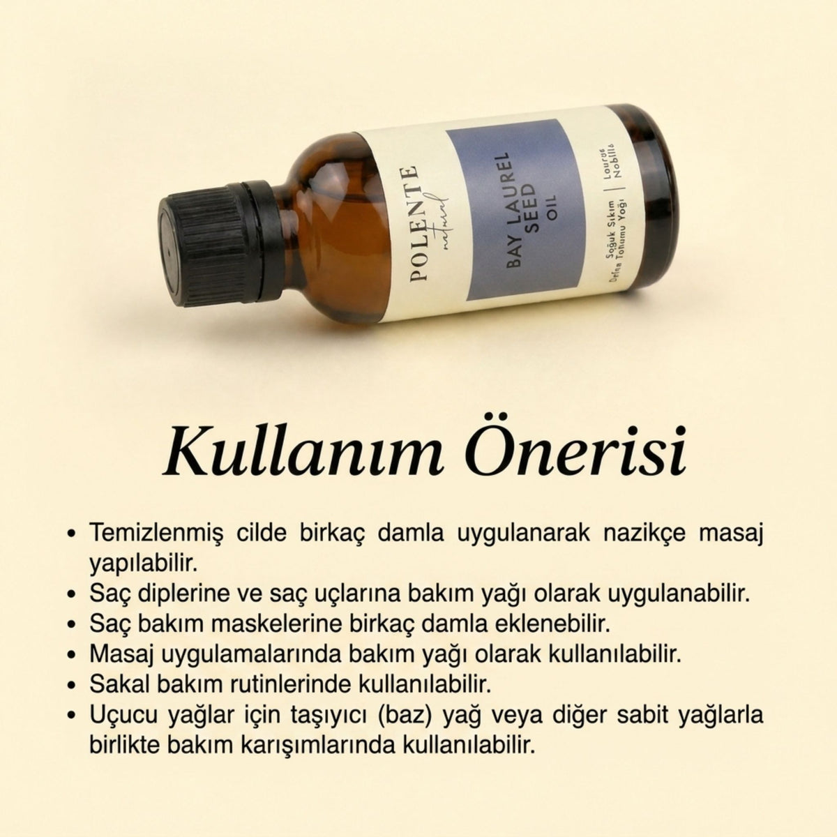 Defne Tohumu Yağı ambalaj arkası ve INCI etiketi — Polente Natural bitkisel bakım yağı serisi