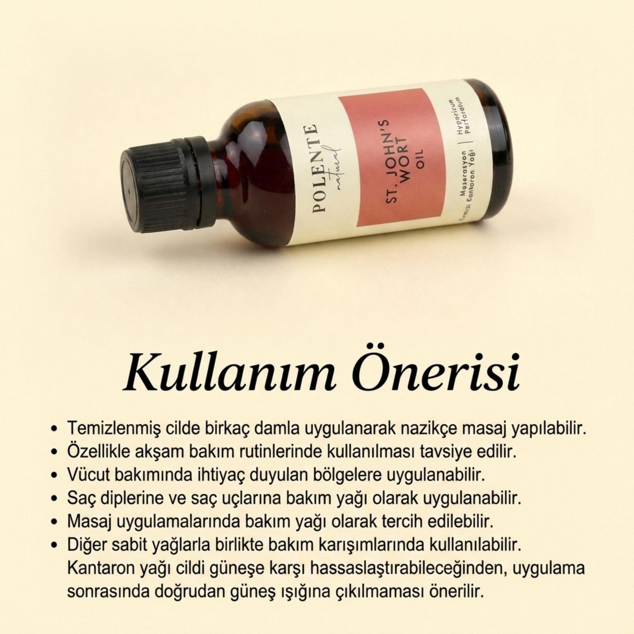 Kırmızı Kantaron Yağı ambalaj arkası ve INCI etiketi — Polente Natural bitkisel bakım yağı serisi