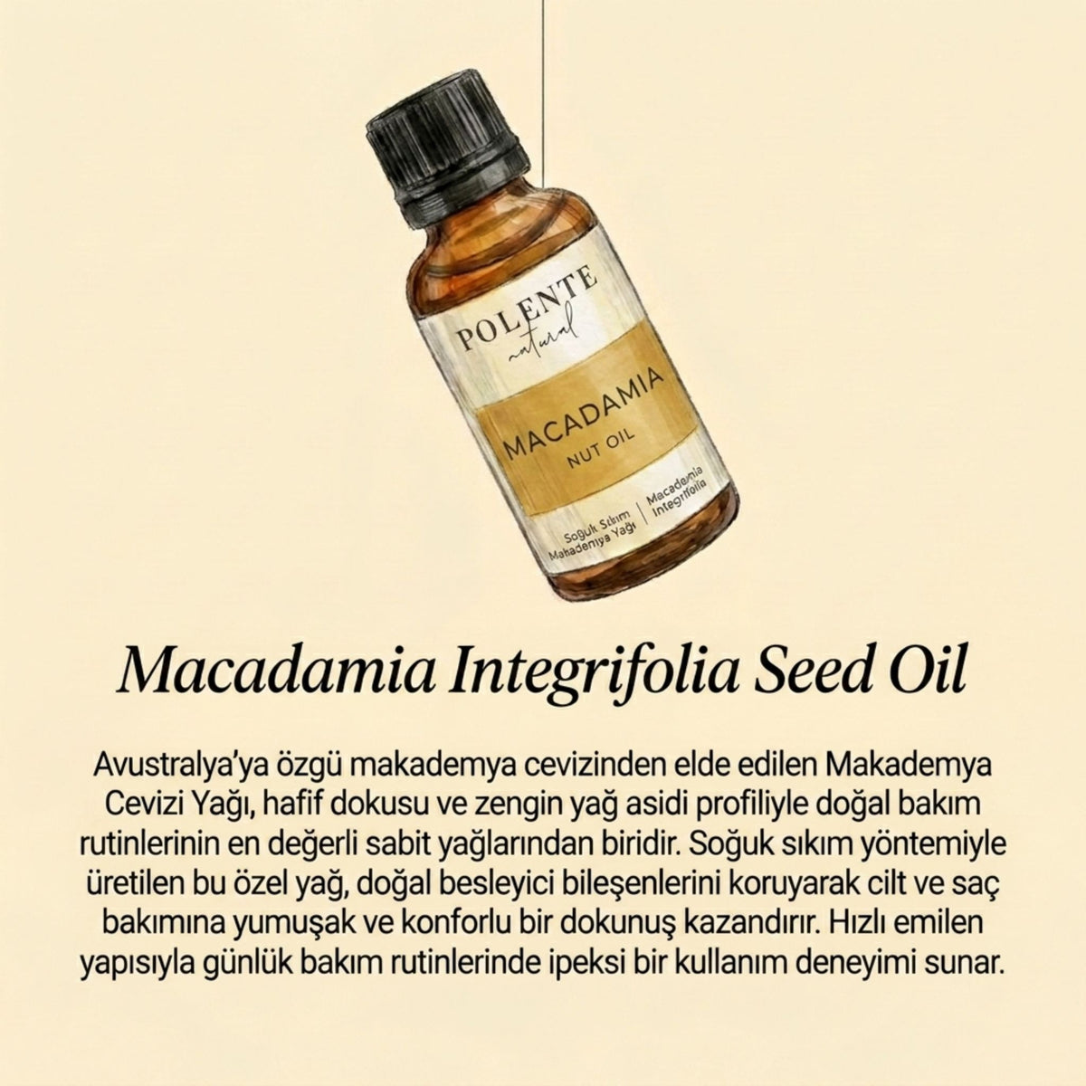 Makademya Cevizi Yağı şişe ve etiket detayı — soğuk sıkım yöntemiyle üretilen doğal bakım yağı