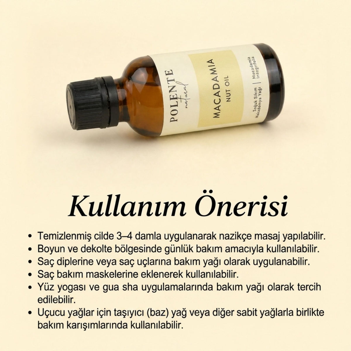 Makademya Cevizi Yağı ambalaj arkası ve INCI etiketi — Polente Natural bitkisel bakım yağı serisi