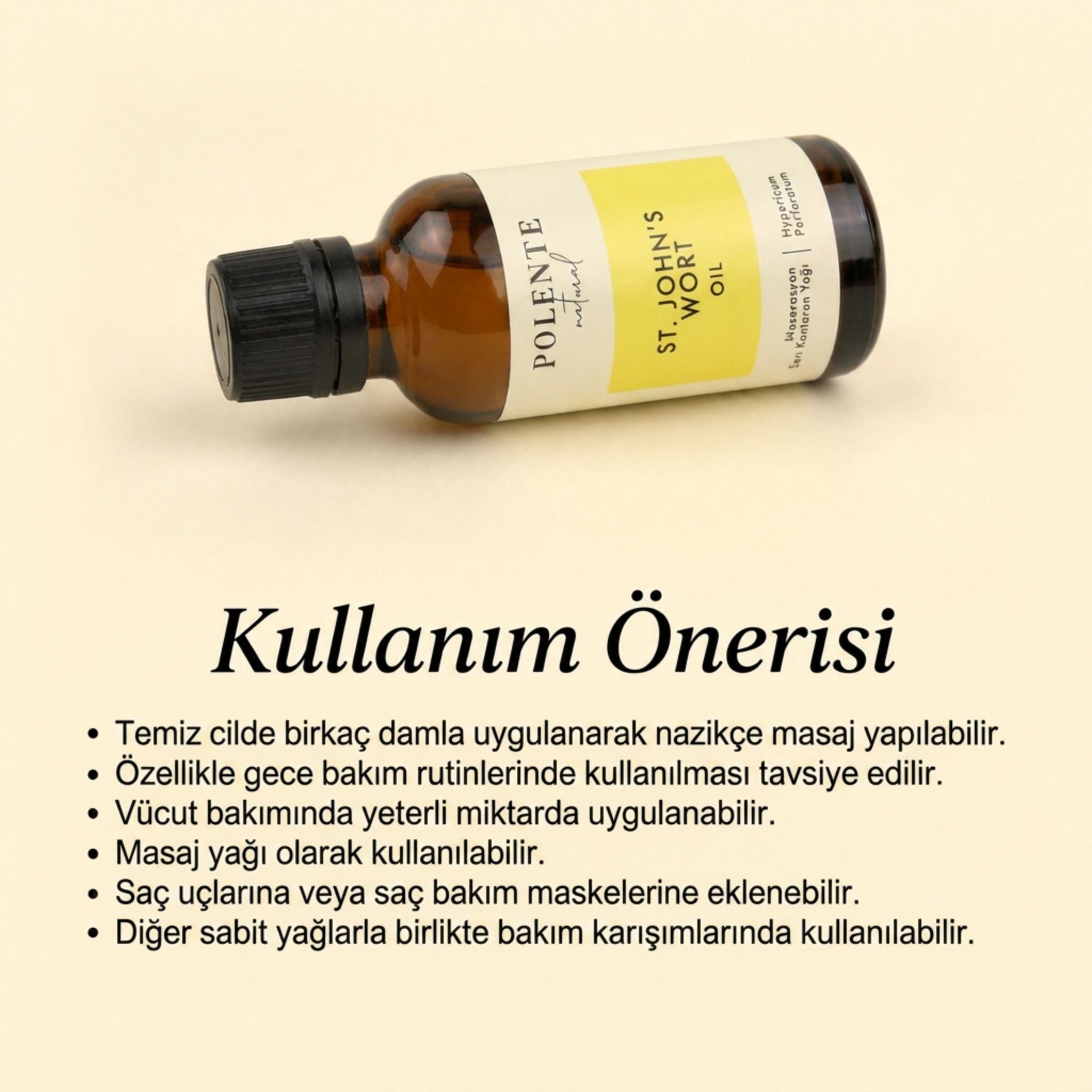 Sarı Kantaron Yağı ambalaj arkası ve INCI etiketi — Polente Natural bitkisel bakım yağı serisi