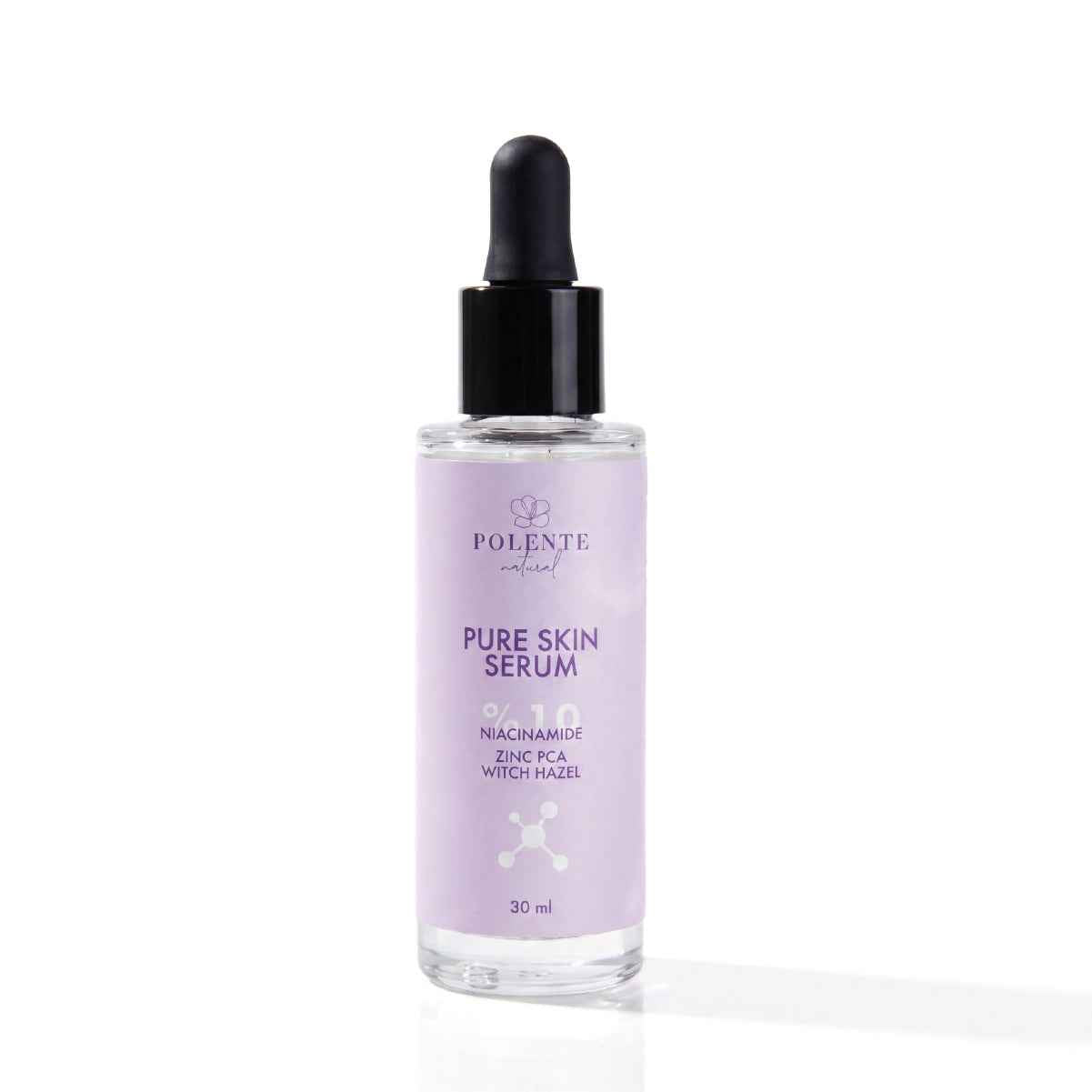 Pure Skin Serum 30 ml — %10 Niacinamide, Zinc PCA ve Söğüt Kabuğu akne karşıtı serum şişesi