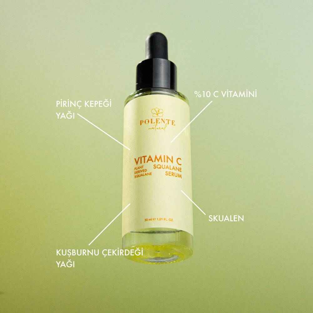 C Vitamini & Squalane Serum kutu ambalajı önden — Polente Natural aydınlatıcı bakım serisi