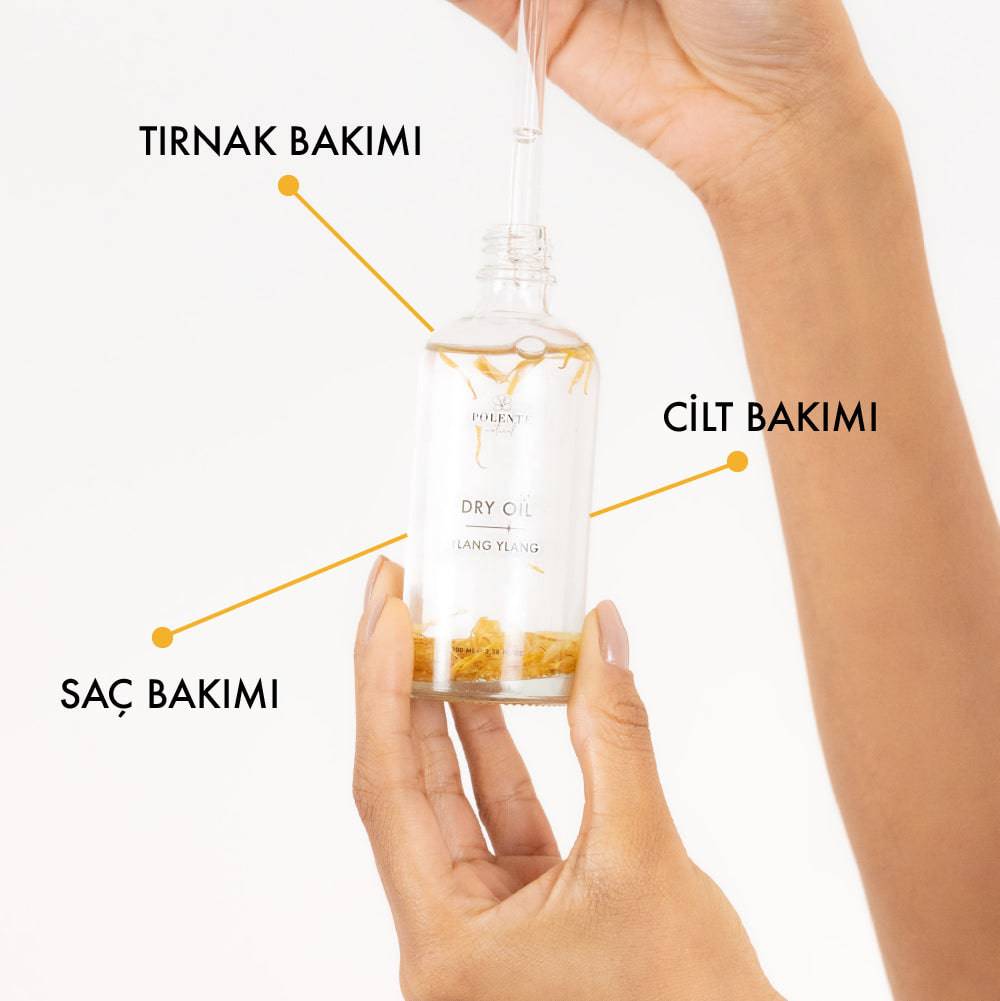 Ylang Ylang Dry Oil 50 ml şişe ve etiket detayı — pratik seyahat boyu çiçeksi kuru yağ