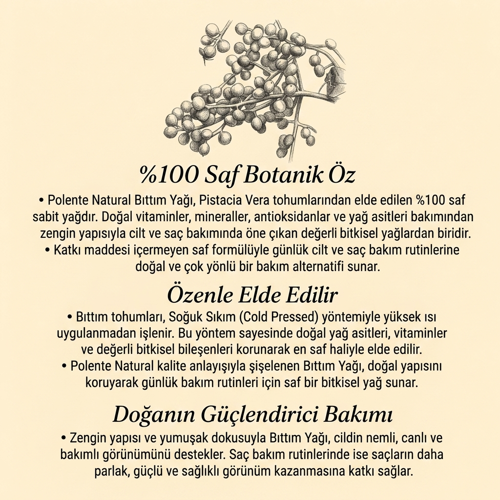 Bıttım (Menengiç) Yağı 50 ml damlalık ve şişe kompozisyonu — Anadolu geleneksel saç ve cilt bakımı