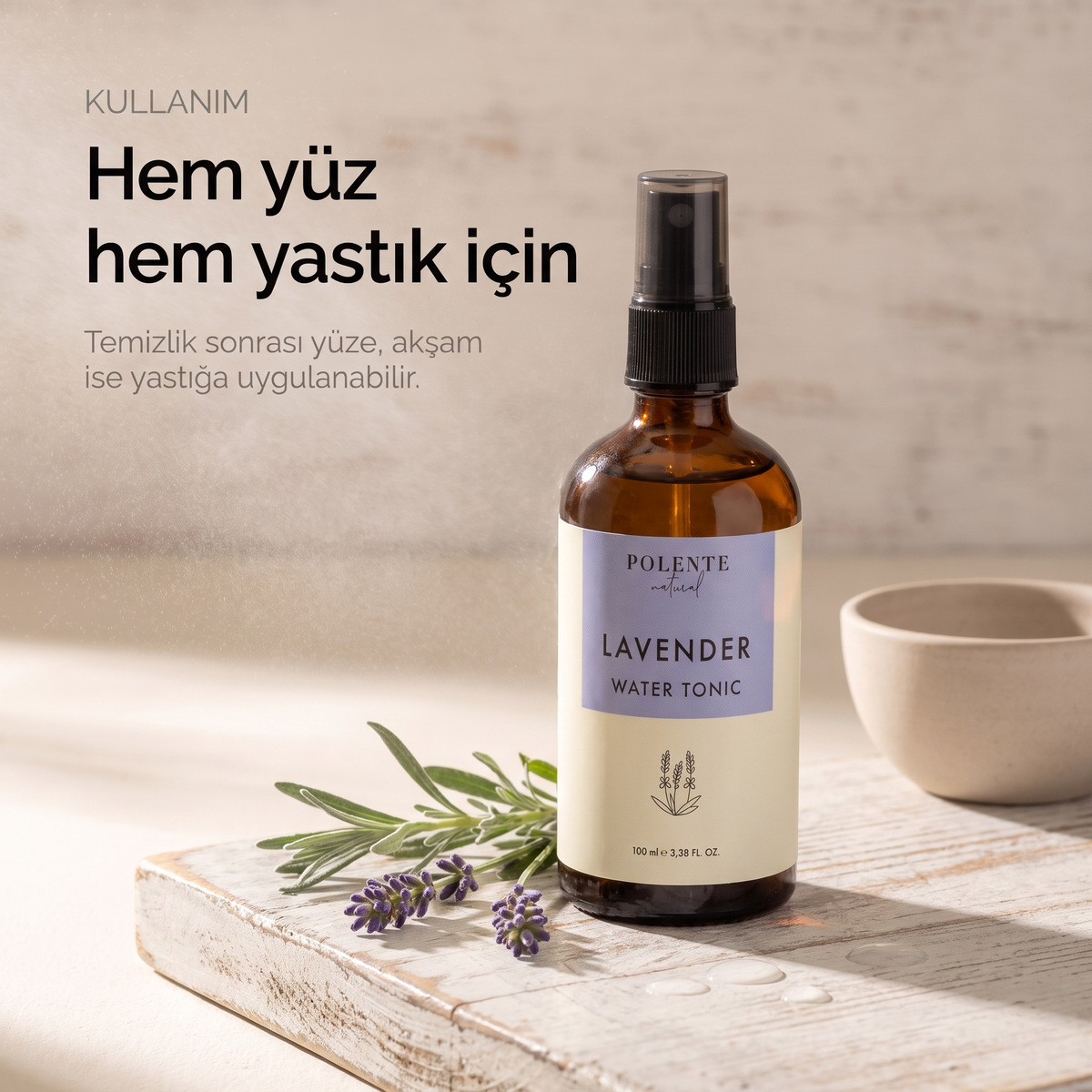 Lavanta Suyu %100 saf hidrosol 100 ml — hem yüz hem yastık için, alçak açıdan kullanım karesi