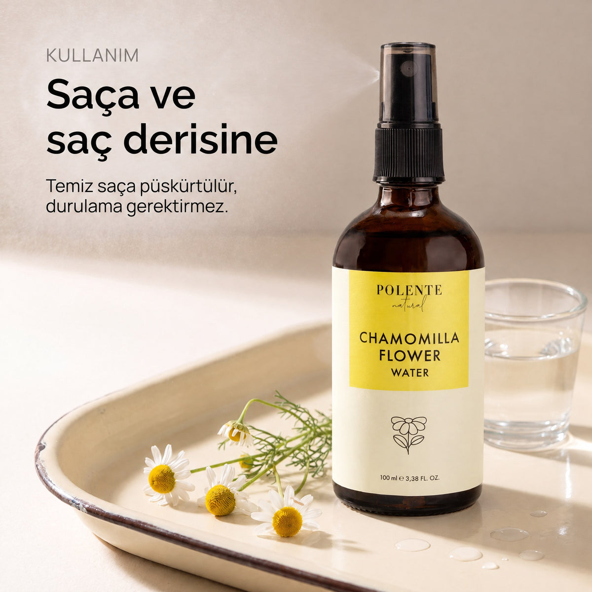 Papatya Suyu %100 saf hidrosol 100 ml — saça ve saç derisine, alçak açıdan kullanım karesi