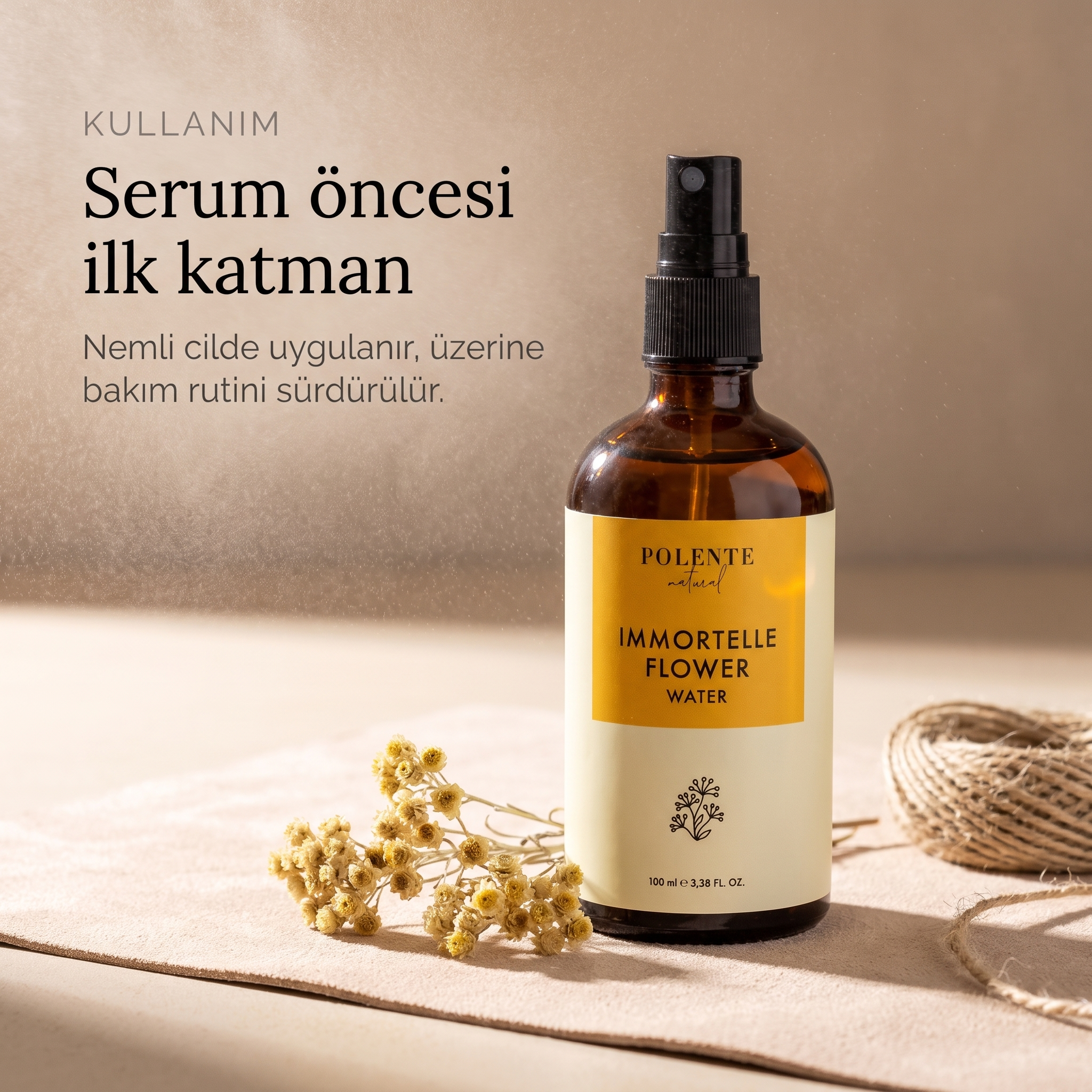 Ölmez Çiçek Suyu %100 saf hidrosol 100 ml — serum öncesi ilk katman, alçak açıdan kullanım karesi