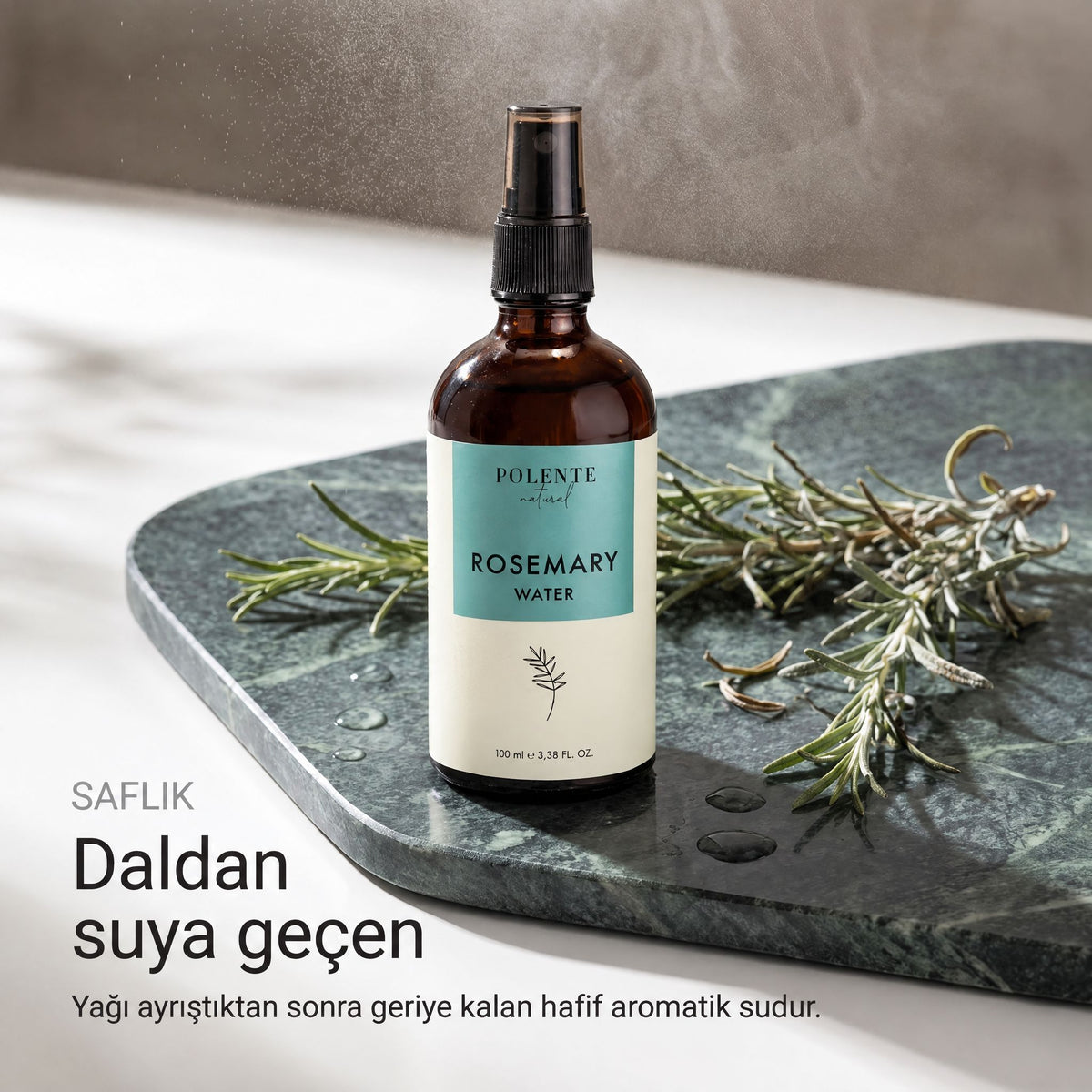 Biberiye Suyu %100 saf hidrosol 100 ml — daldan suya geçen aromatik su, tepeden görünüm