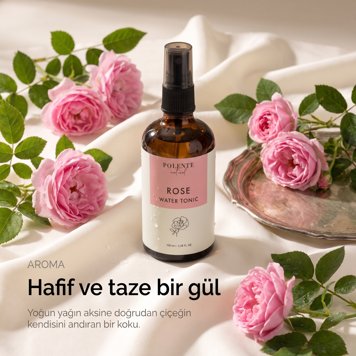 Gül Suyu %100 saf hidrosol 100 ml — hafif ve taze gül notası, ipek kumaş üzerinde natürmort