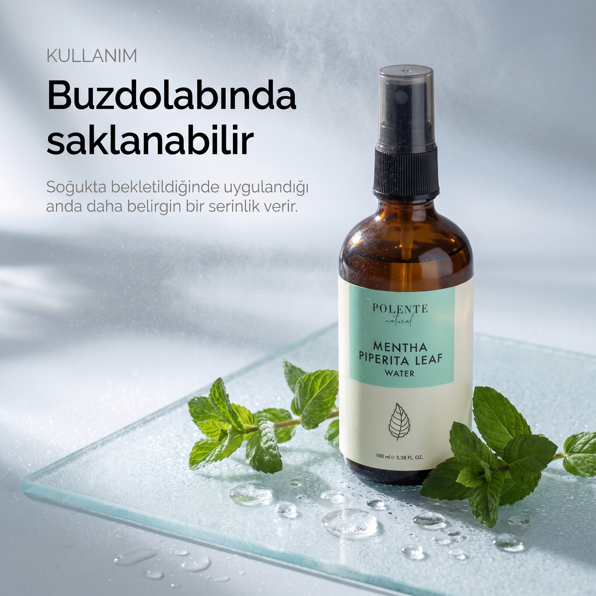Nane Suyu %100 saf hidrosol 100 ml — buzdolabında saklanabilir, alçak açıdan kullanım karesi