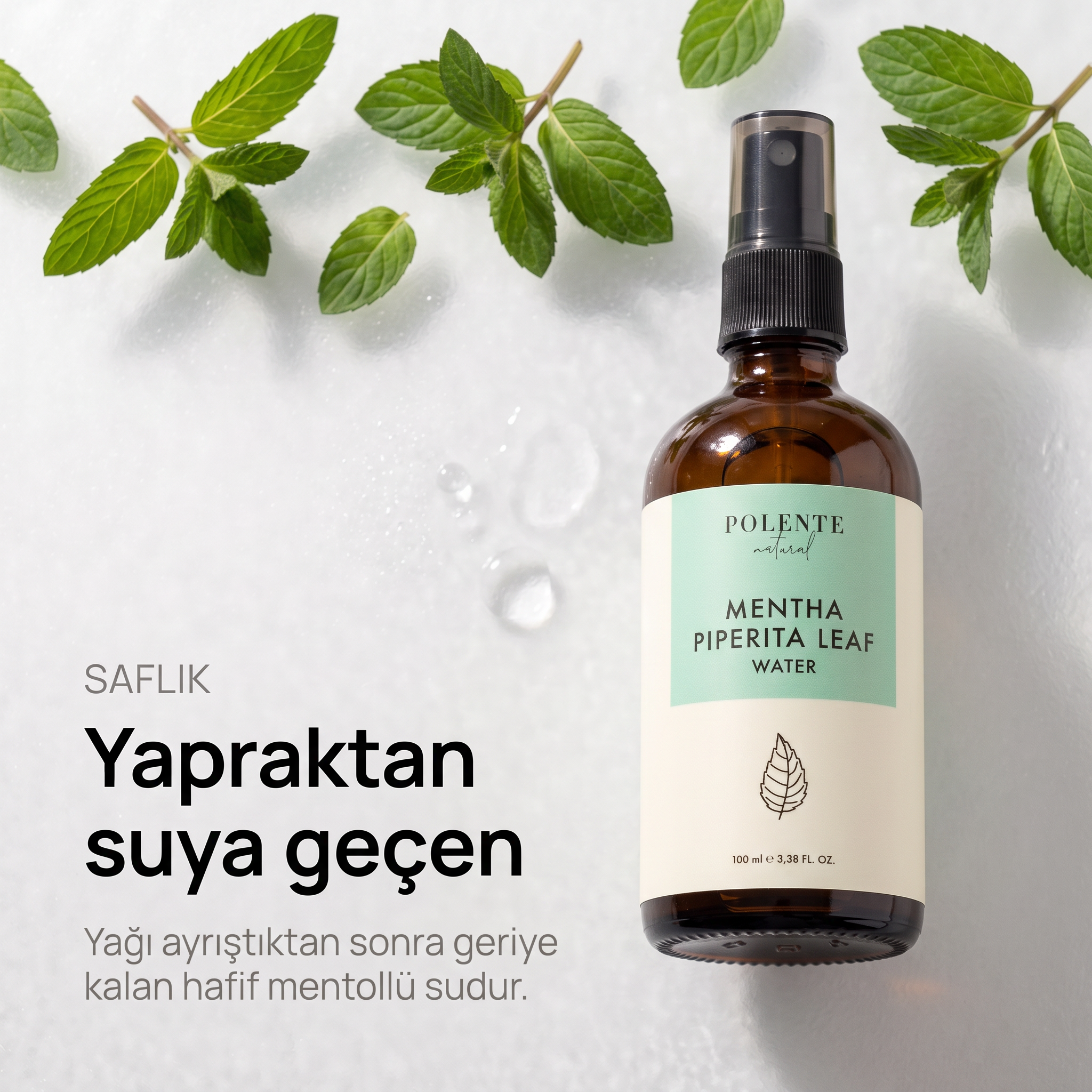Nane Suyu %100 saf hidrosol 100 ml — yapraktan suya geçen mentollü su, tepeden görünüm