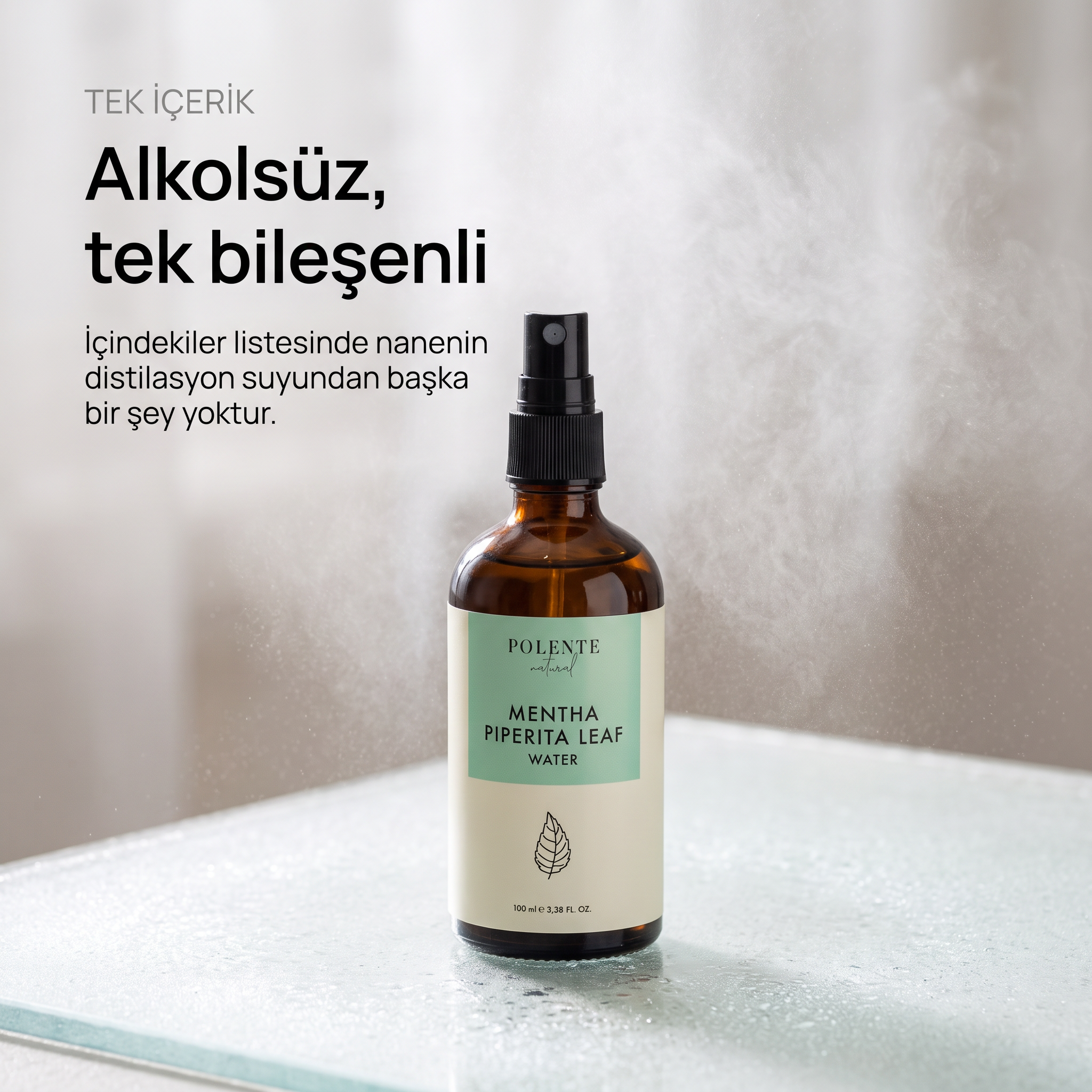 Nane Suyu %100 saf hidrosol 100 ml — alkolsüz, tek bileşenli: şişe yalnız, havada ince su buğusu