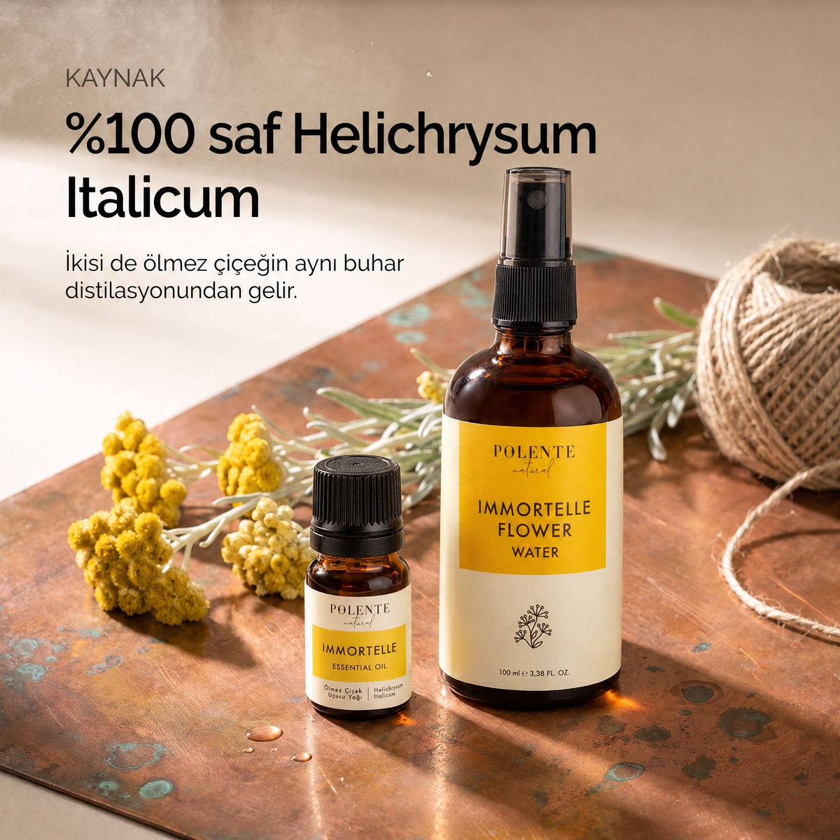 Ölmez Çiçek Uçucu Yağı & Ölmez Çiçek Suyu Seti — %100 saf ölmez çiçek — uçucu yağ ve hidrosol aynı buhar distilasyonundan