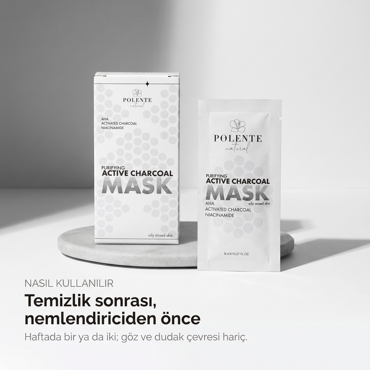 Aktif Karbonlu Arındırıcı Kil Maskesi 8x8 ml — temizlik sonrası, nemlendiriciden önce kullanım