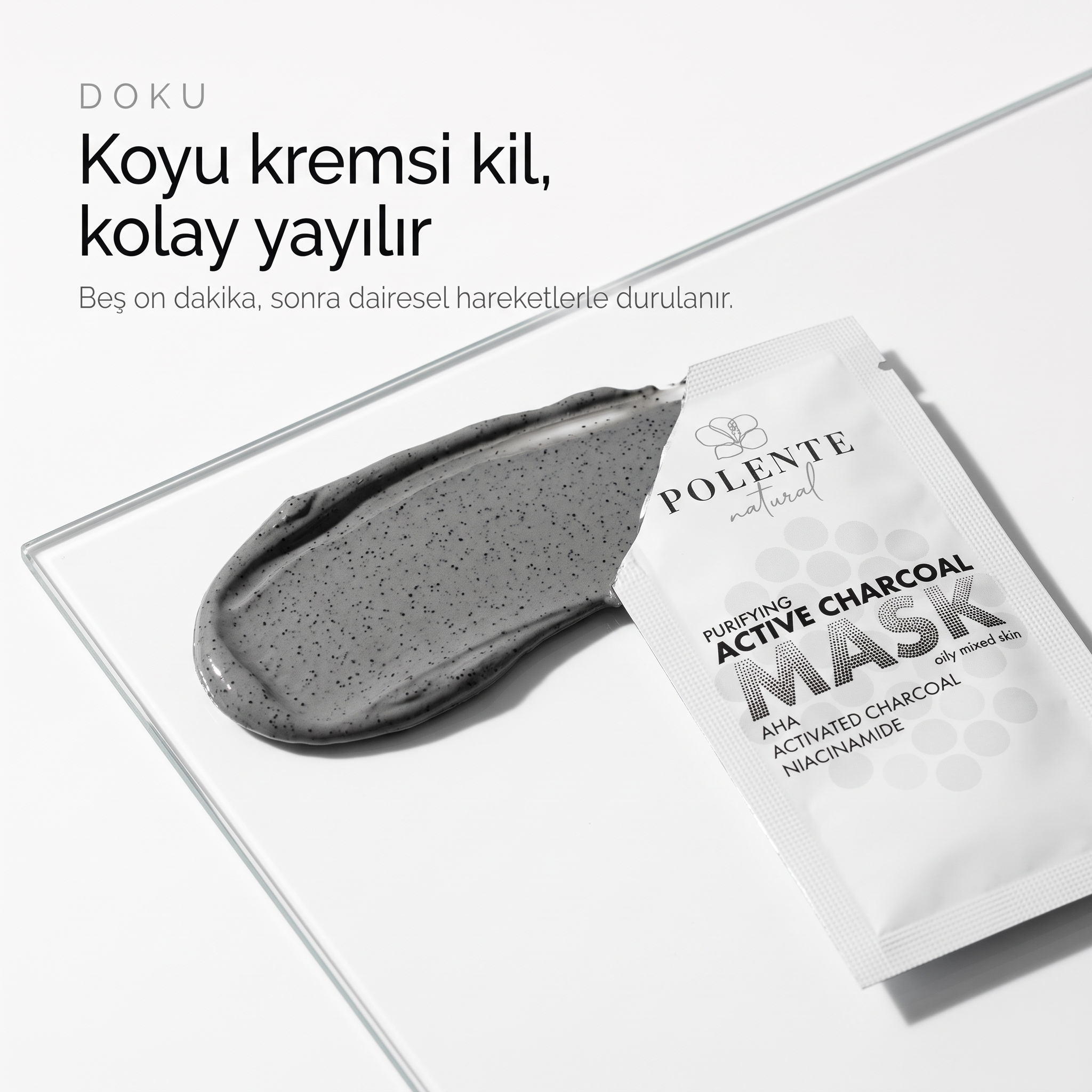 Aktif Karbonlu Arındırıcı Kil Maskesi 8x8 ml — koyu kremsi kil dokusu, kolay yayılır