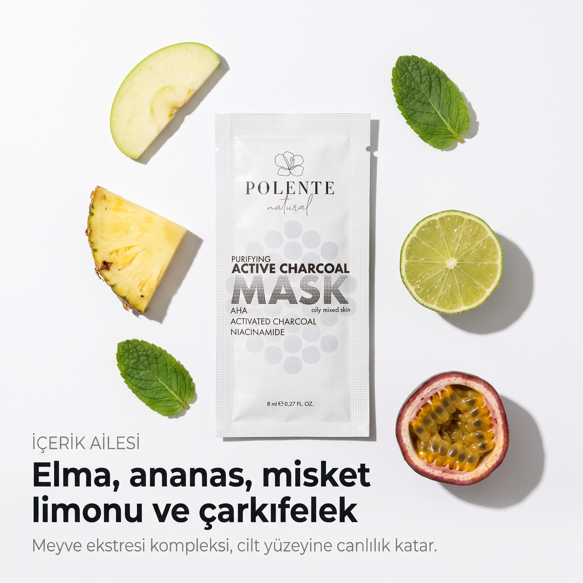 Aktif Karbonlu Arındırıcı Kil Maskesi 8x8 ml — elma, ananas, misket limonu ve çarkıfelek meyve ekstresi