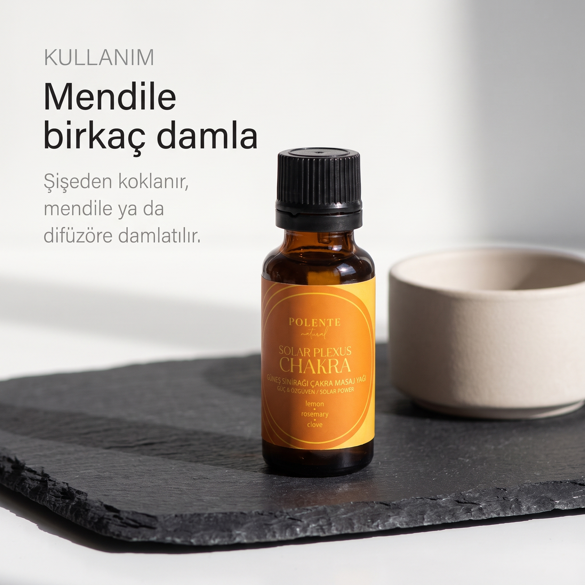 Güneş Sinirağı Çakra Yağı kullanımı — şişeden koklama, mendile ya da difüzöre damlatma