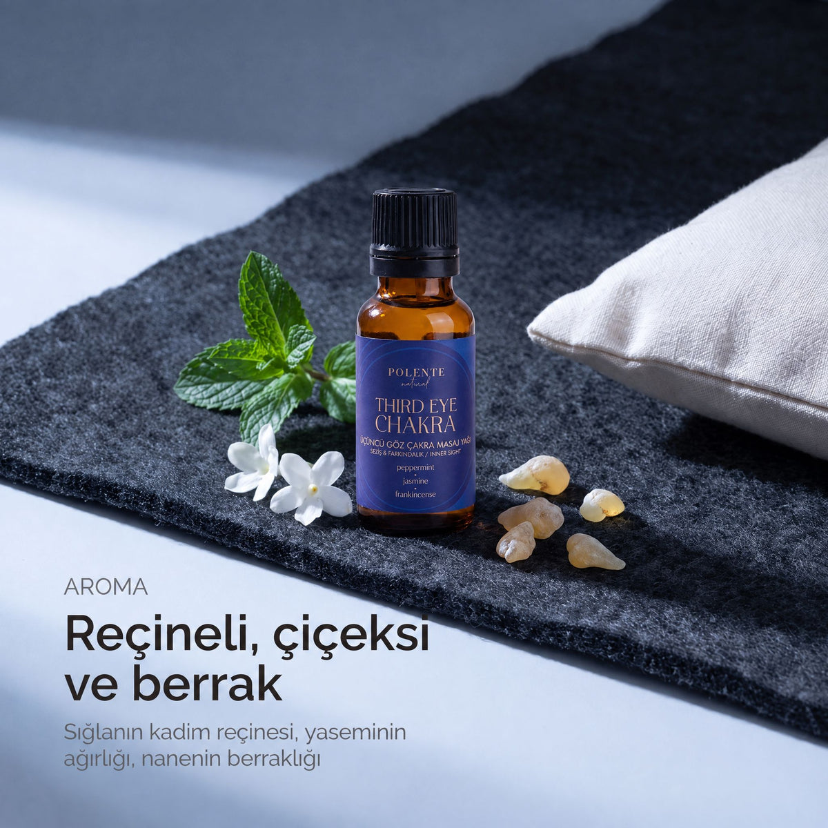 Üçüncü Göz Çakra Yağı aroma profili — reçineli, çiçeksi ve berrak notalar