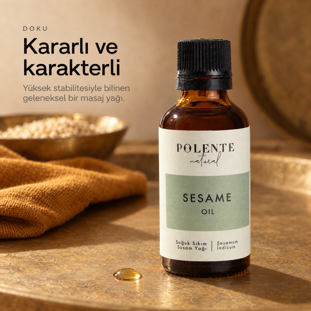 Susam Yağı 50 ml — yağın dokusu, yüzeydeki tek damlanın makro çekimi