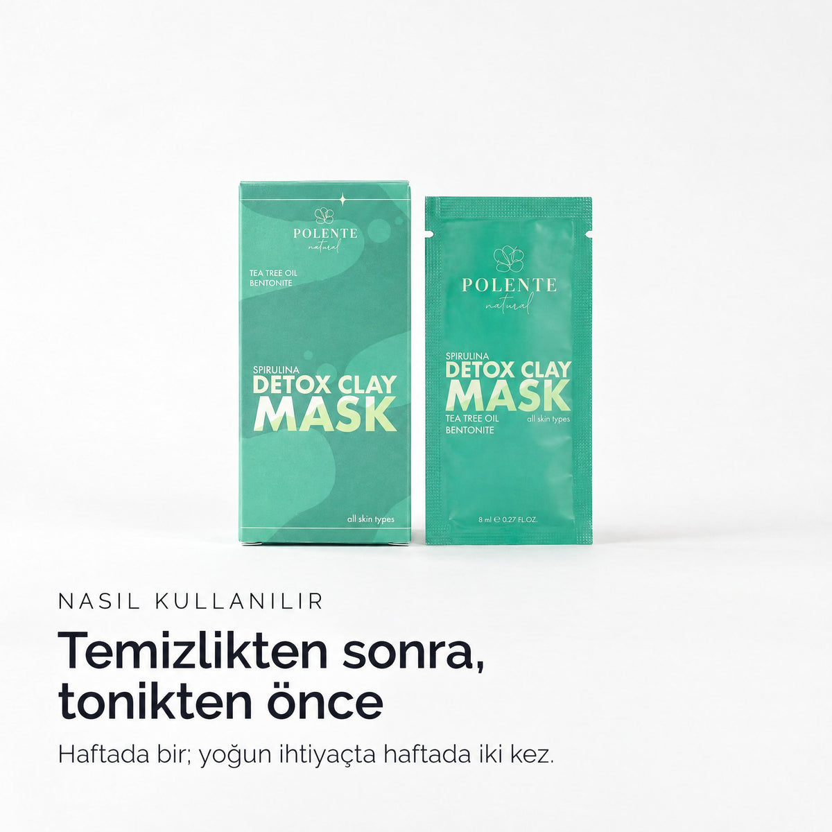 Spirulina Yosunlu Detoks Kil Maskesi 8x8 ml — temizlikten sonra, tonikten önce kullanım