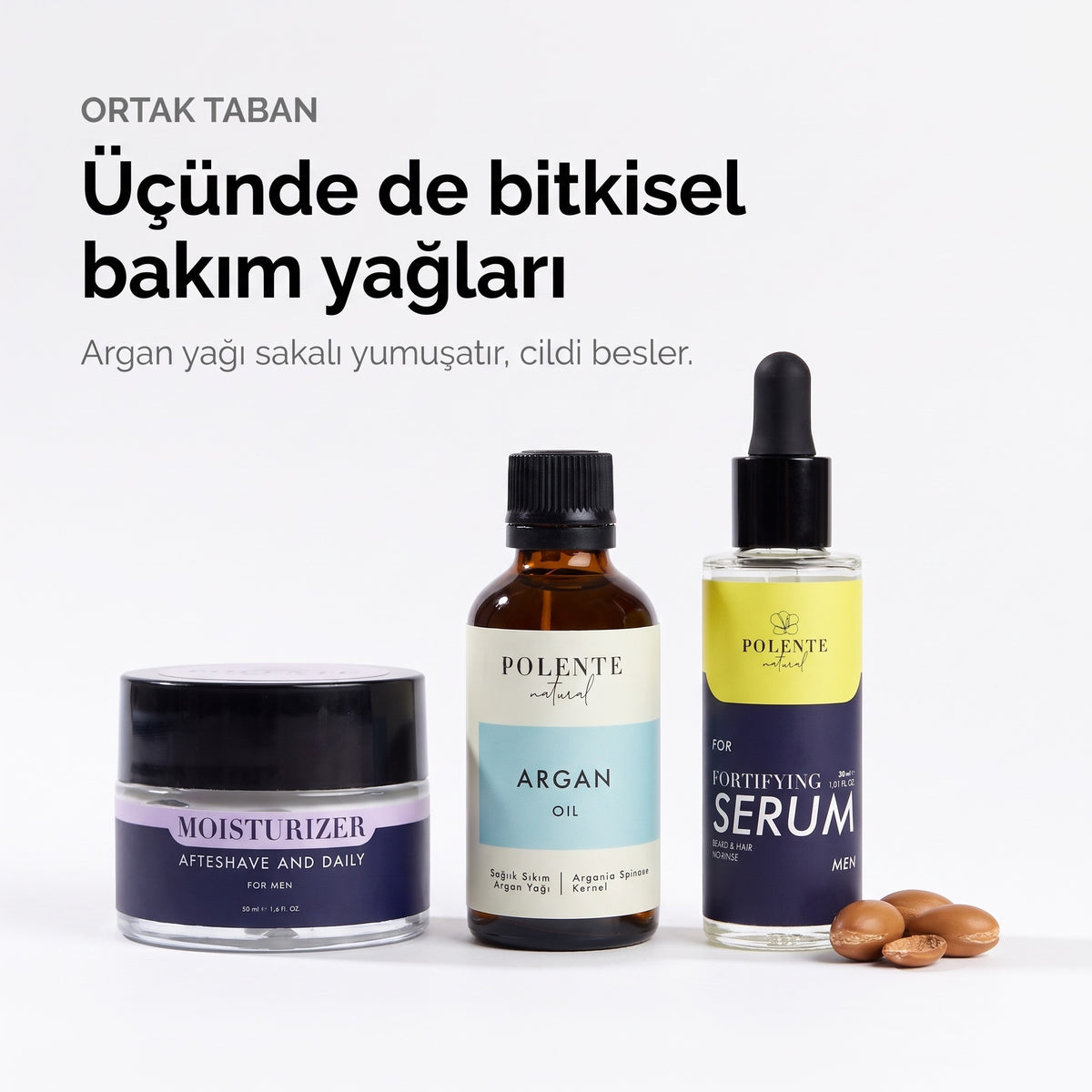 Men Sakal Bakım Seti ortak tabanı — üç üründe de bitkisel bakım yağları, argan çekirdekleriyle
