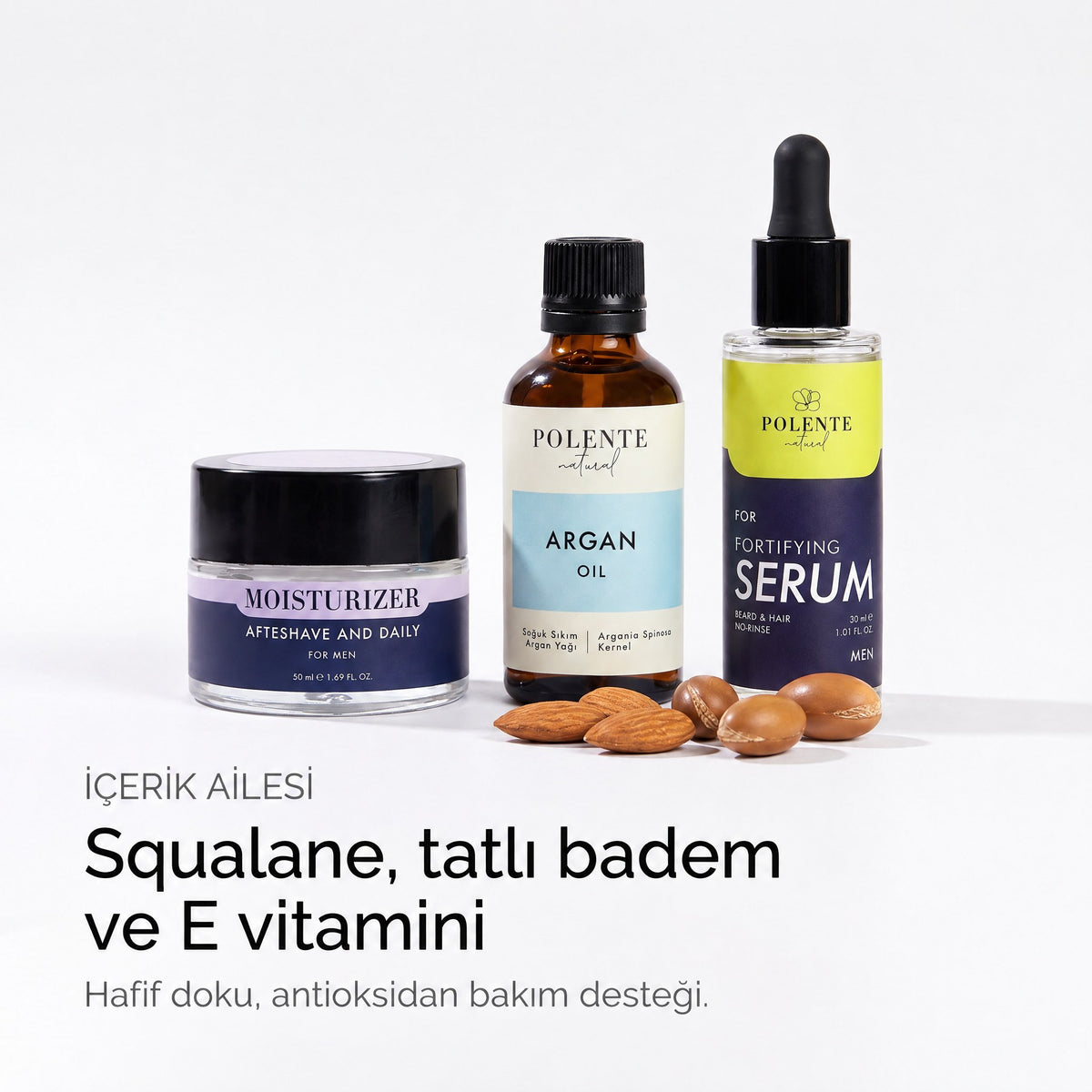 Men Sakal Bakım Seti içerik ailesi — squalane, tatlı badem yağı ve E vitamini, badem ve argan çekirdekleri