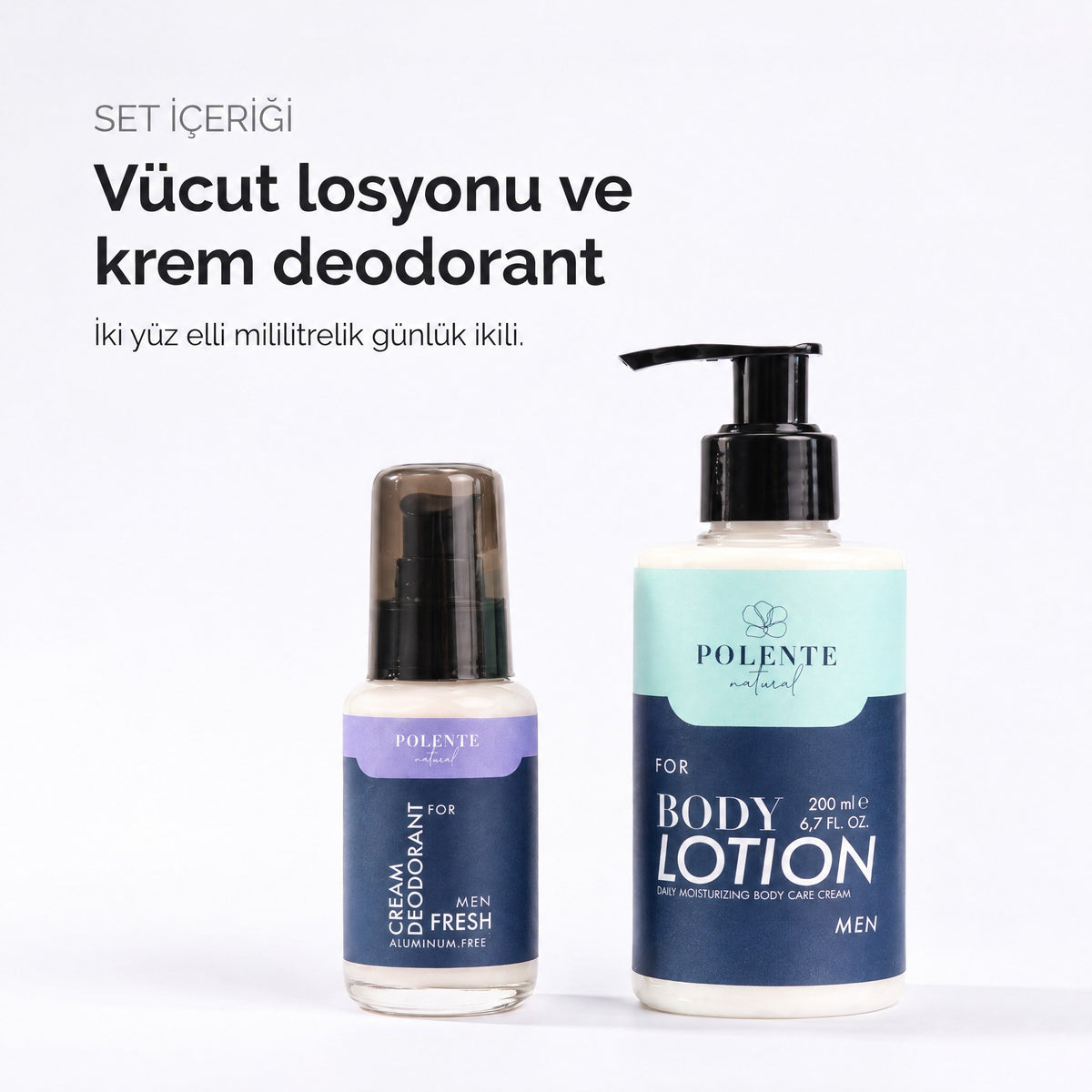 Men Vücut Bakım Seti içeriği — 200 ml nemlendirici vücut losyonu ve 50 ml krem deodorant