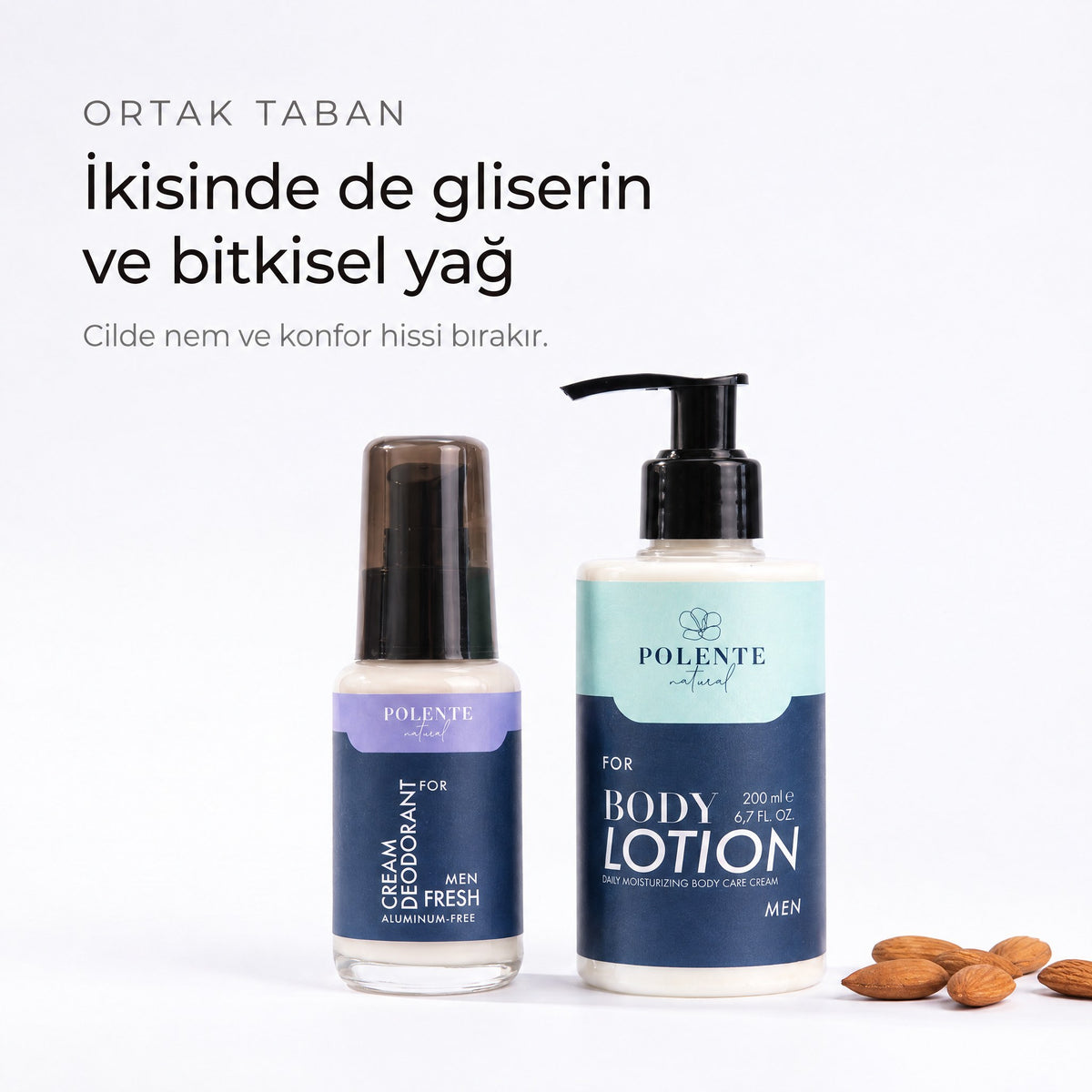 Men Vücut Bakım Seti ortak tabanı — ikisinde de gliserin ve bitkisel yağ, badem taneleriyle