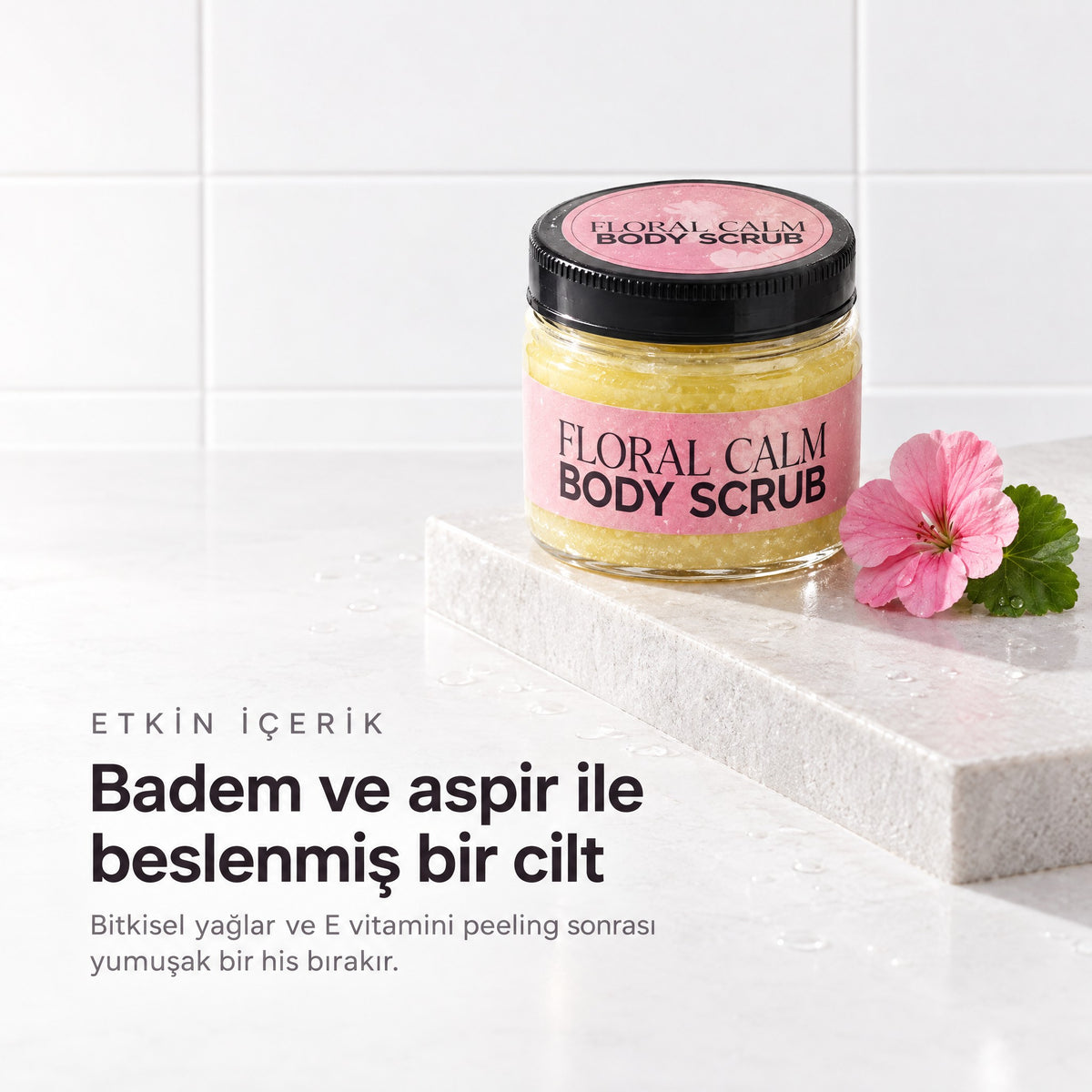 Floral Calm Vücut Peelingi 250 ml — badem ve aspir ile beslenmiş bir cilt