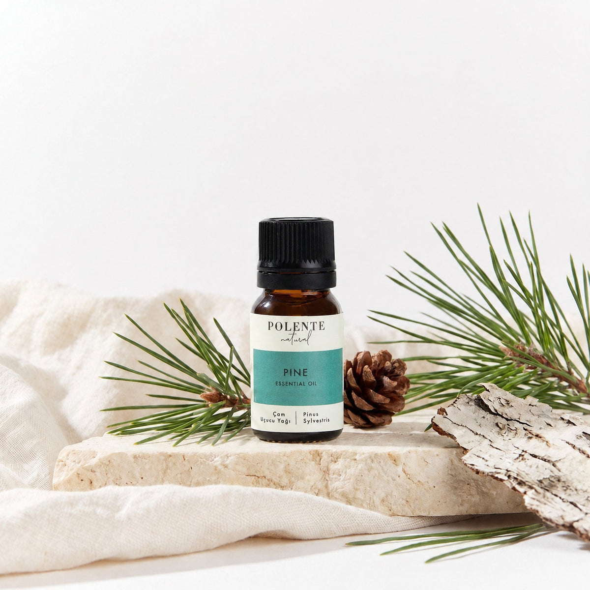 Çam Uçucu Yağı 10 ml — çam iğneleri ve kozalağıyla botanik konsept görseli
