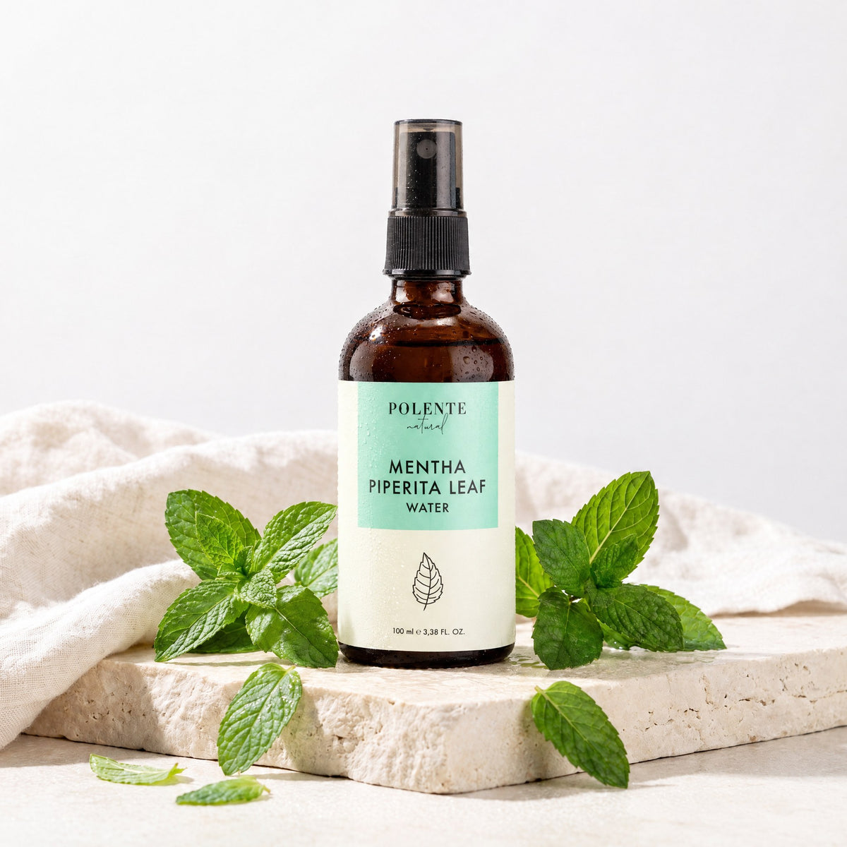 Nane Suyu Hidrosol 100 ml — taze nane dalları ve su buğusuyla botanik konsept görseli