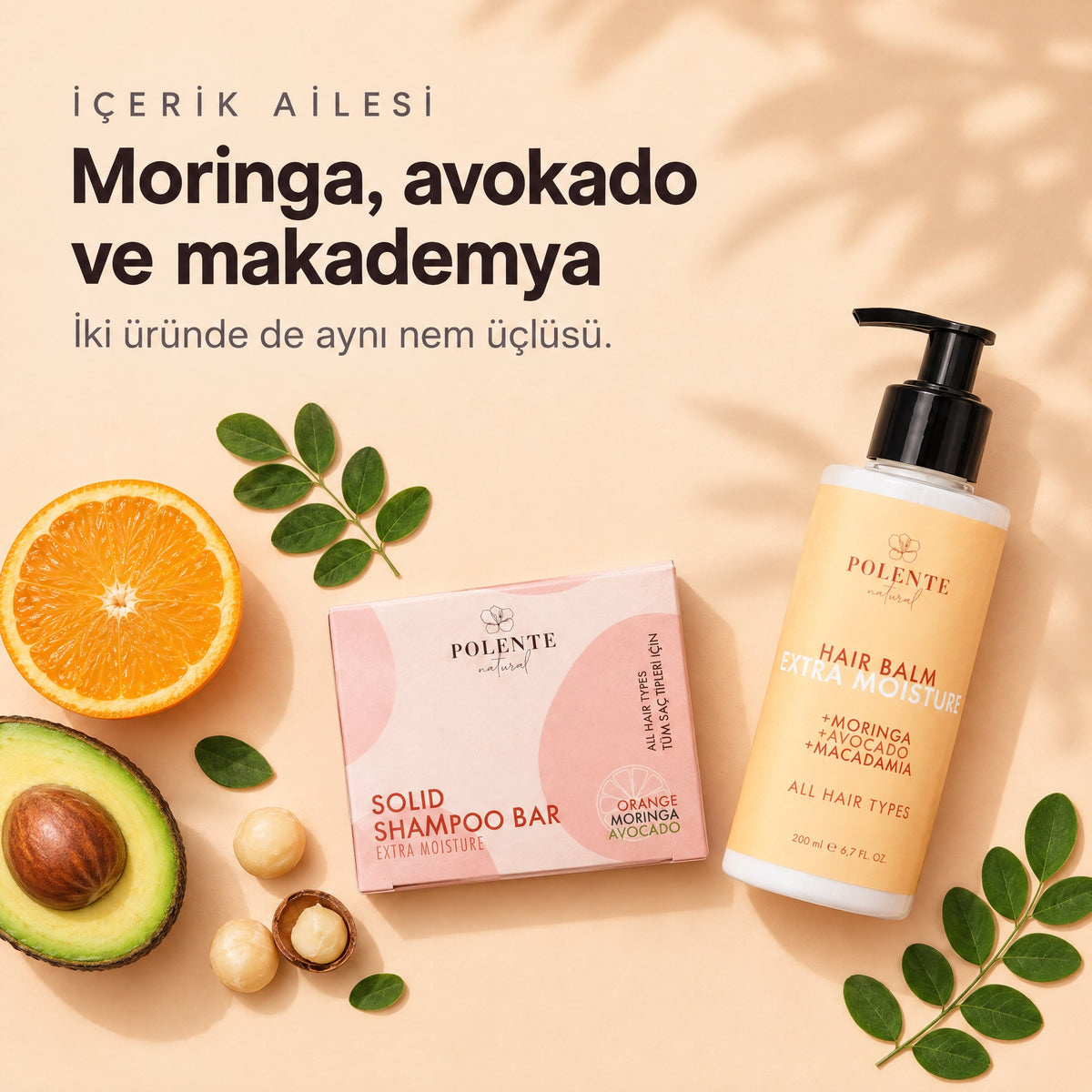 Yoğun Nemlendirici Saç Bakım Seti — İçerik ailesi: moringa, avokado ve makademya