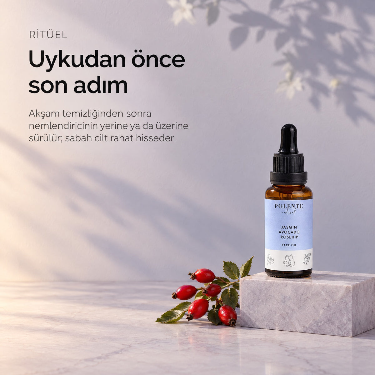 Yasemin & Kuşburnu Eşitleyici Yüz Yağı 30 ml — uykudan önce son adım