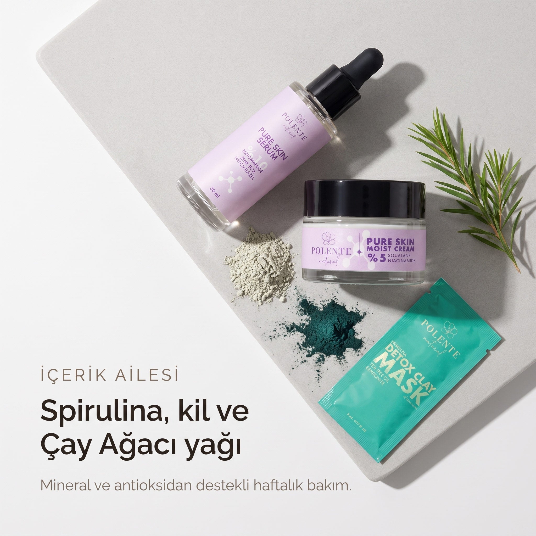 Detoks Kil Maskeli Pure Skin Seti — Spirulina, kil ve Çay Ağacı yağı