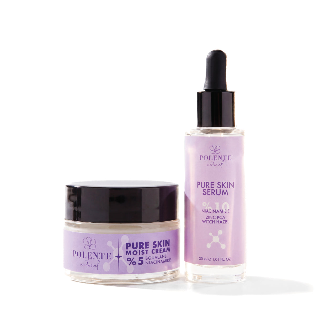Pure Skin Serisi bakım seti — Pure Skin Serum 30 ml ve Pure Skin Moist Cream 50 ml, beyaz zeminde paket görseli