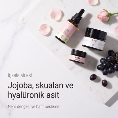 Gül Canlandırıcı Cilt Bakım Serisi — jojoba, skualan ve hyalüronik asit