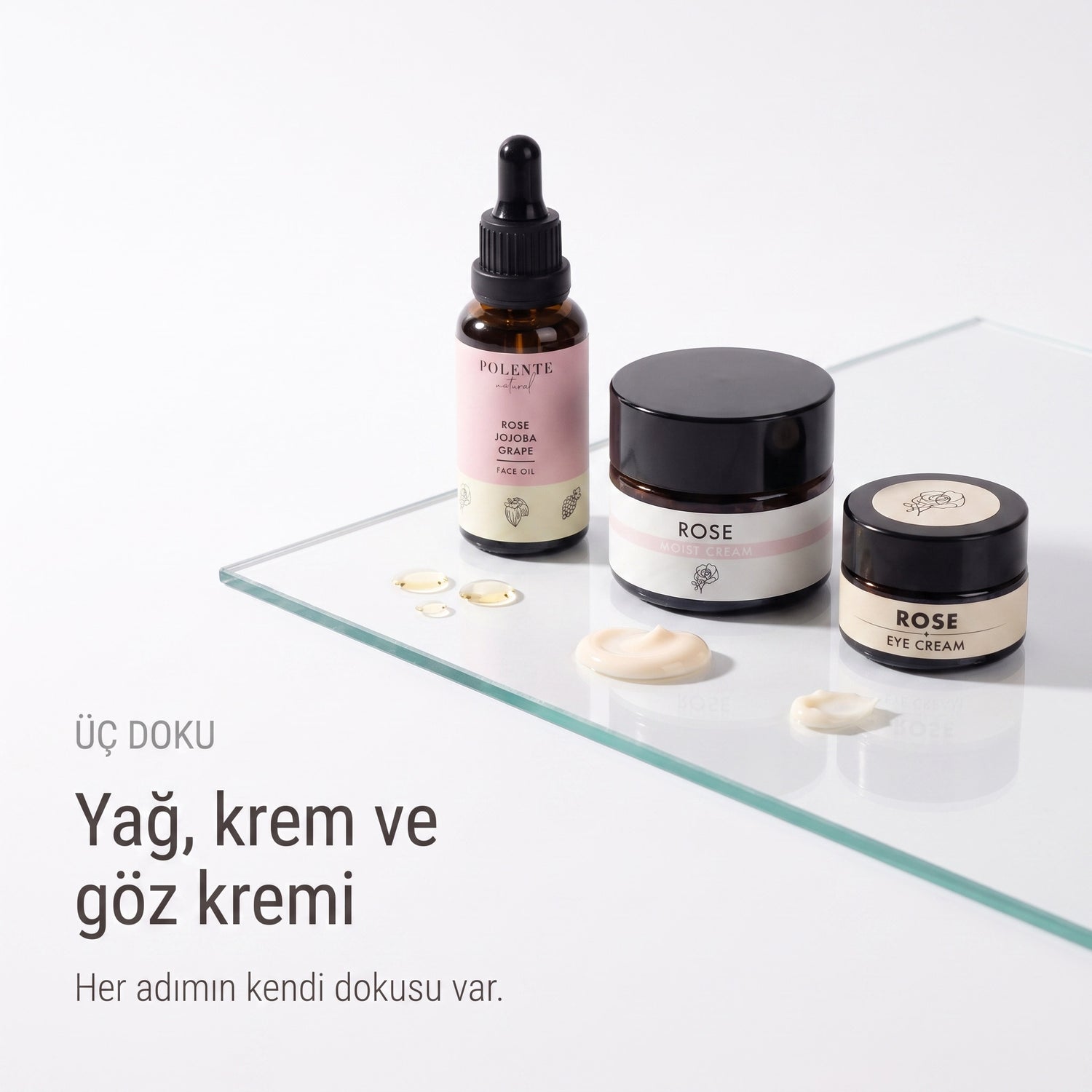 Gül Canlandırıcı Cilt Bakım Serisi — yağ, krem ve göz kreminin üç dokusu