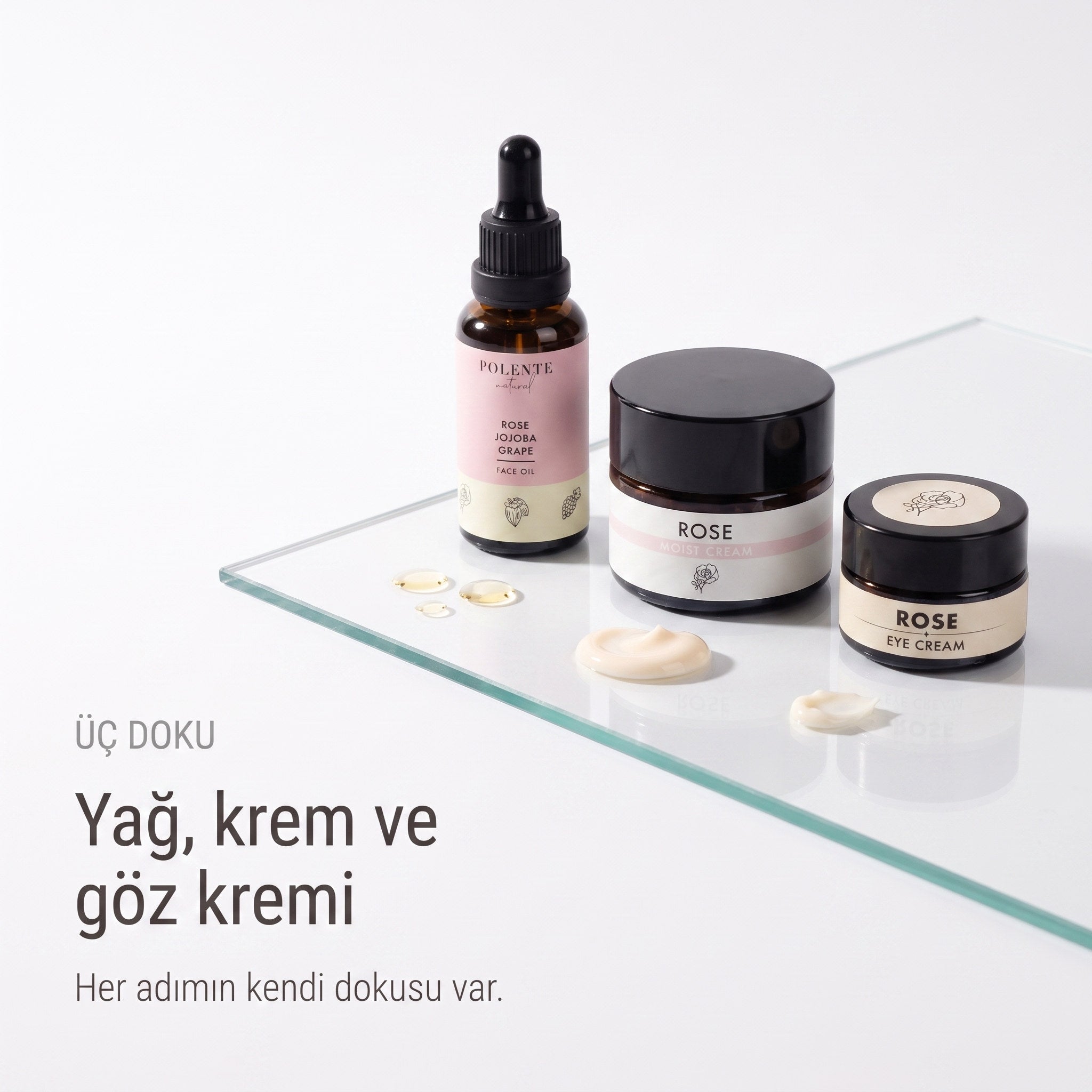 Gül Canlandırıcı Cilt Bakım Serisi — yağ, krem ve göz kreminin üç dokusu