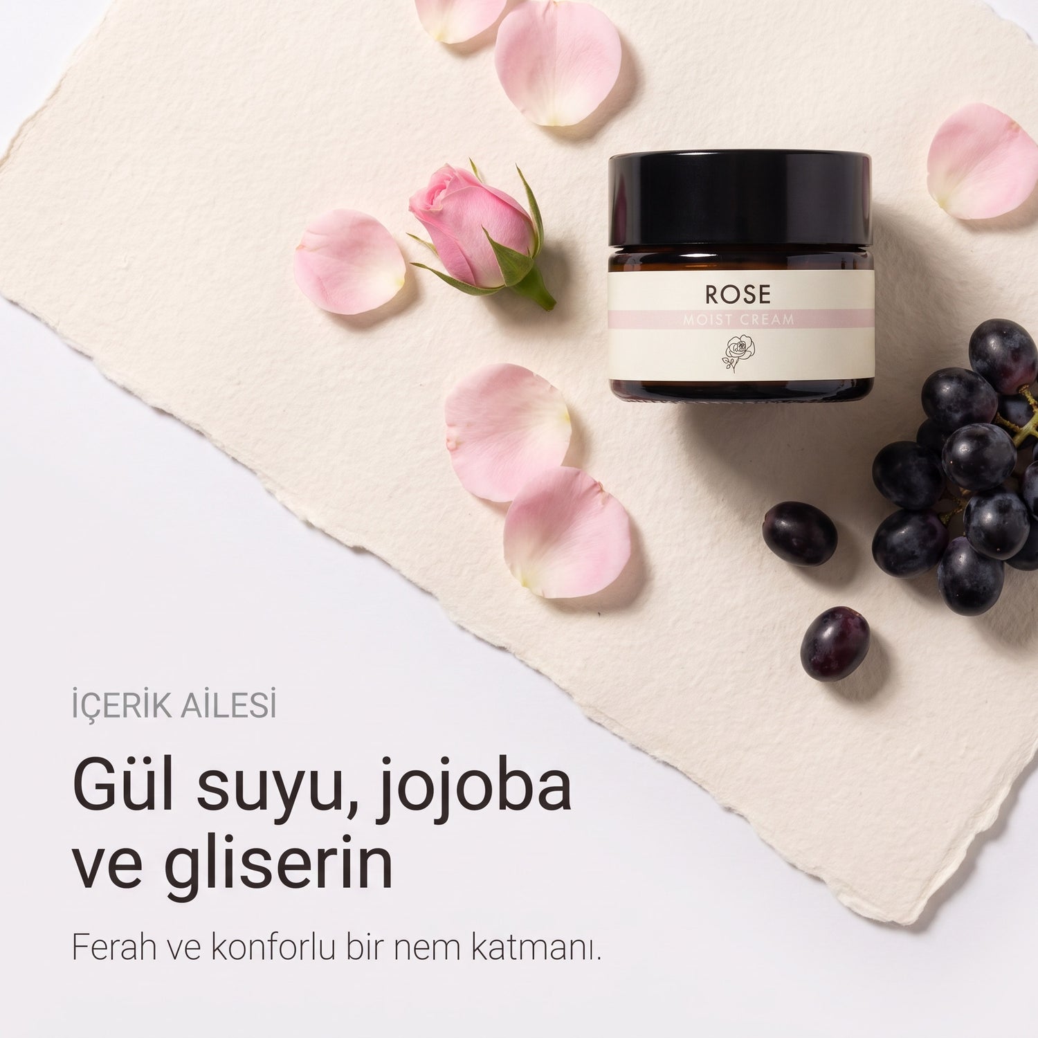 Gül Canlandırıcı Yüz Kremi 50 ml — gül suyu, jojoba ve gliserin içerik ailesi