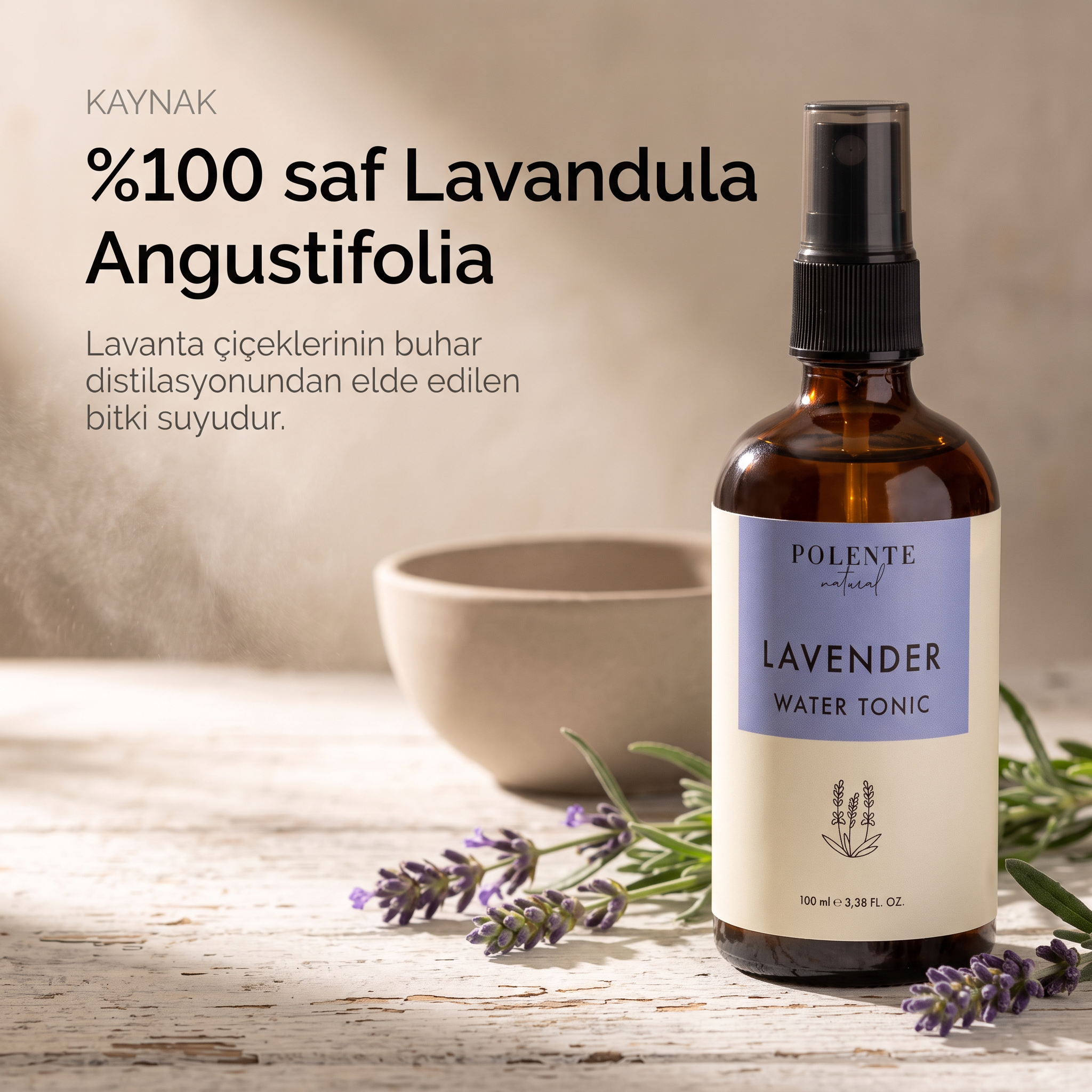 Lavanta Suyu %100 saf hidrosol 100 ml — Lavandula Angustifolia kaynağı: seramik kase ve lavanta dallarıyla