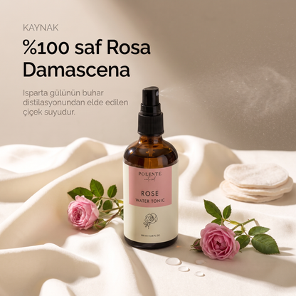 Gül Suyu %100 saf hidrosol 100 ml — Rosa Damascena kaynağı: pamuk disk ve açmış gül dallarıyla