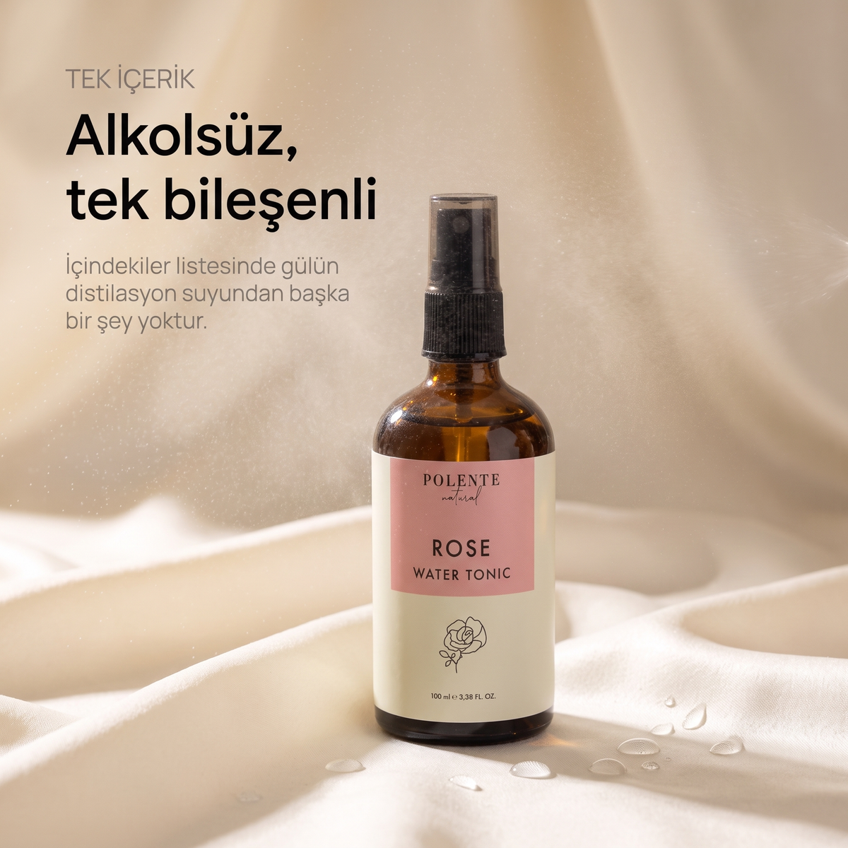 Gül Suyu %100 saf hidrosol 100 ml — alkolsüz, tek bileşenli: şişe yalnız, havada ince su buğusu
