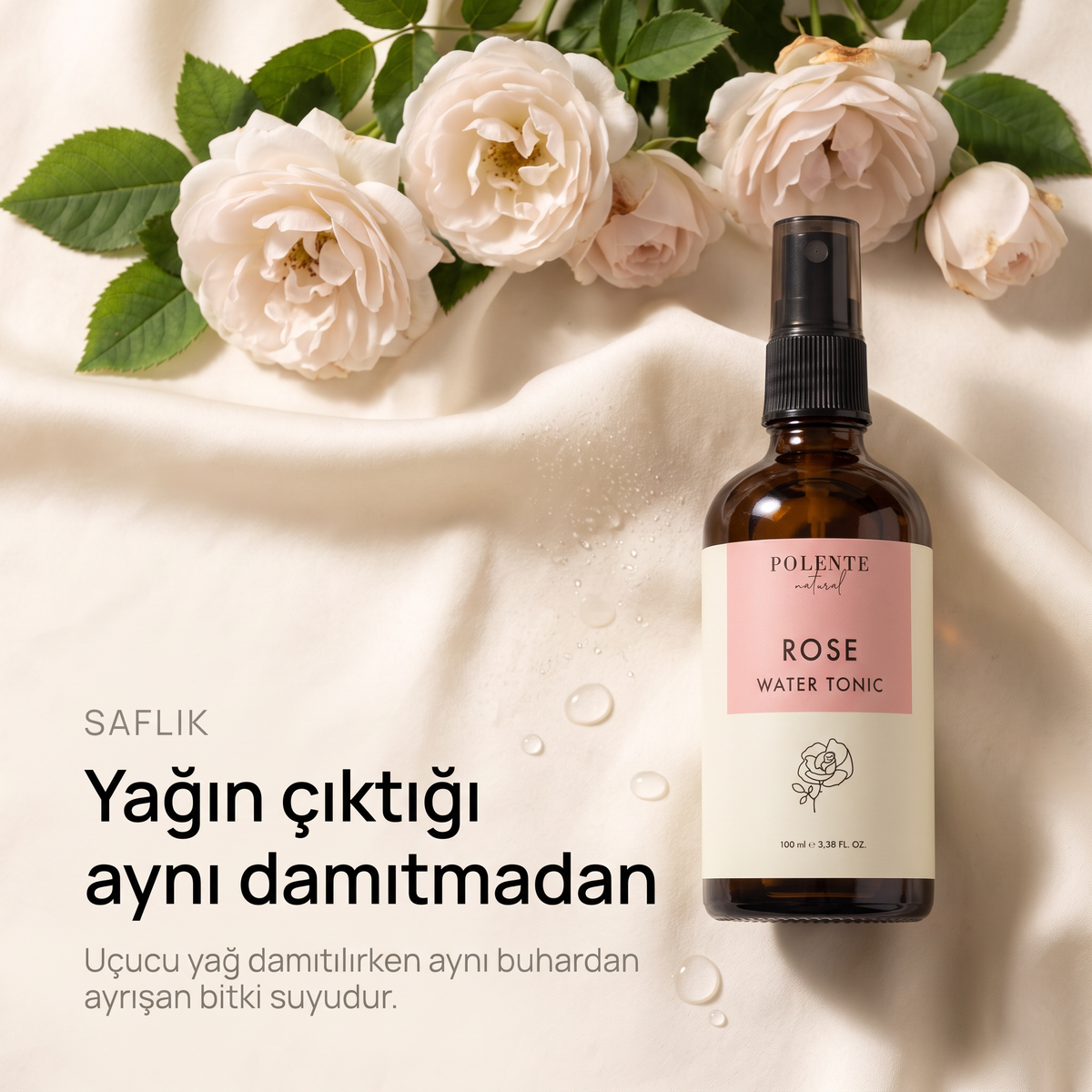 Gül Suyu %100 saf hidrosol 100 ml — yağın çıktığı aynı damıtmadan kalan bitki suyu, tepeden görünüm
