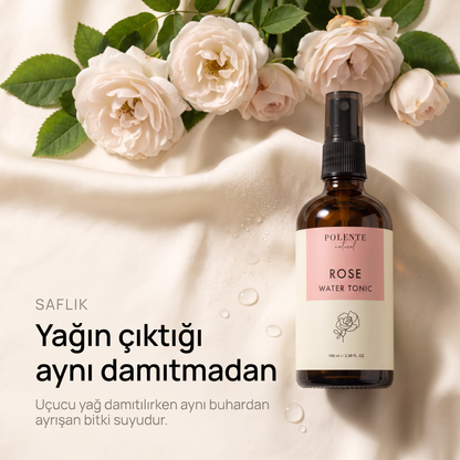 Gül Suyu %100 saf hidrosol 100 ml — yağın çıktığı aynı damıtmadan kalan bitki suyu, tepeden görünüm